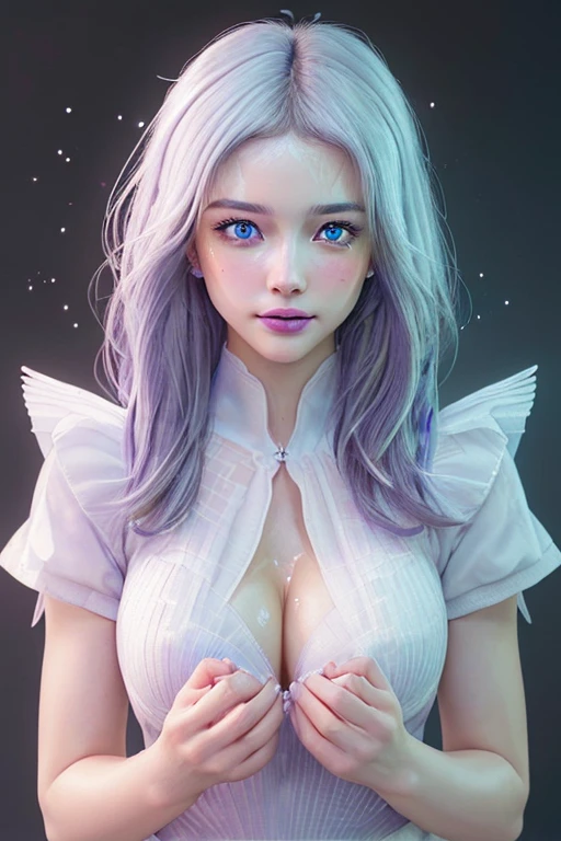 1 Girl, Medium Tits, Starry Eyes, (8k, RAW Photo, High Sensitivity, Best Quality, Masterpiece, Ultra High Resolution, Realism: 1.25), Blush, (Very Detailed CG Unity 8k Wallpaper, Best Quality, High Resolution: 1.2), (ultra_detailed, UHD: 1.2), Perfect Lighting, Unique, (1 Girl: 1.4), (Pretty Girl: 1.2), Unreal Engine, Side Light, White Hair, Purple Eyes, Perfect Face, Detailed Face, Perfect Body, Beautiful Eyes, Beautiful Face, (Bright Skin: 1.4), Idol, (Full Body), Transparent,Diplomat attire