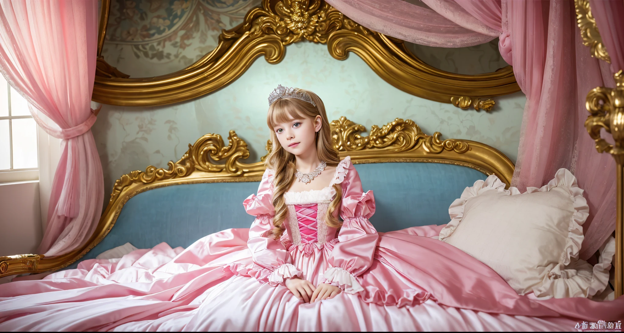 ,highest quality, masterpiece, Highest Resolution, artwork, super それにGet used to it, many Get used to it, Get used to it, それにGet used to it, 3K realistic photos,,(( When I was 10 years old)),Super detailed baby face,She is a princess,Full-length ball gown dress with hoop skirt,Frilled yoke collar,Puff sleeves,Long sleeve,((Lolita style hot pink detailed princess satin dress、Lots of frills and ribbons。)),colorful rococo fashion,shiny satin dress,Soft and smooth fabric,luxury,Long blonde hair,blue eyes,White skin European,pajamas,((Inside the palace)),,,(( When I was 10 years old)),Super detailed baby face,Full-length ball gown dress with hoop skirt,Long skirt,Frilled yoke collar,Puff sleeves,腰まで伸びるLong blonde hair,blue eyes,White skin European,pajamas,((Inside the palace bedroom)),ピンクのシルクサテンのluxuryなCanopy bedの上,Canopy bed,Luxurious curtains under a canopy,There were a lot of frilly pillows on the bed.,Highly detailed background,Detailed bed,Romantic atmosphere,The little princess is sitting on the bed,
