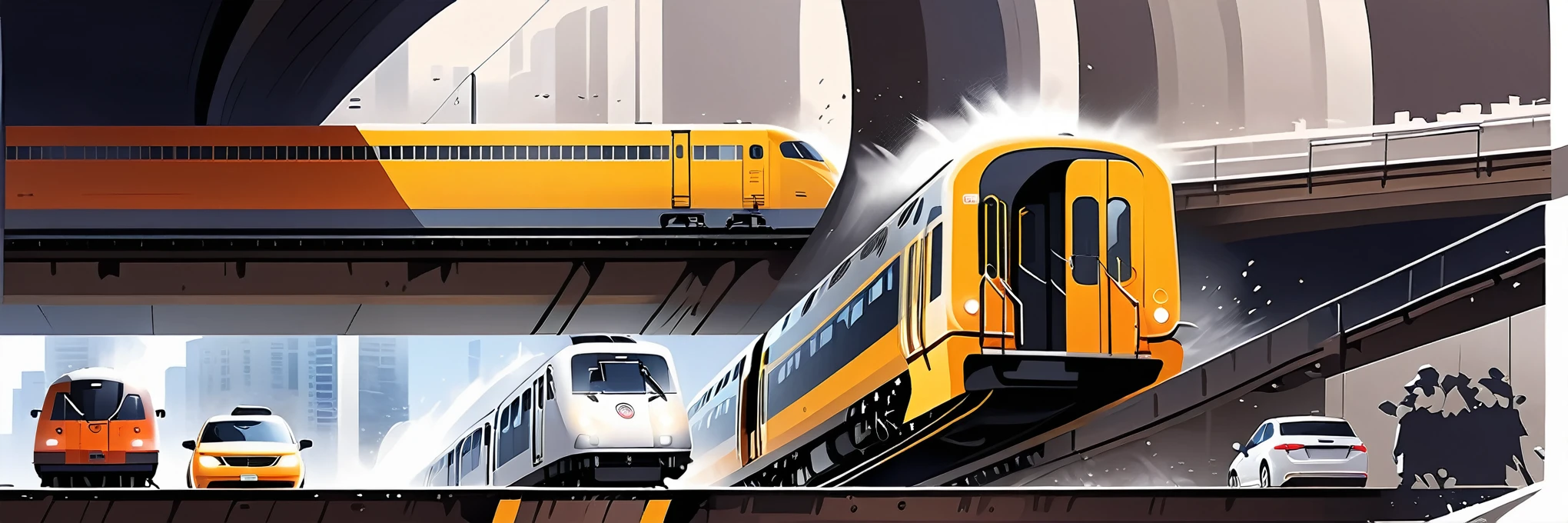 白描illustration,White background,Depicting the exit of the suspended elevated tunnel for trains,Looking up at the exit of the elevated railway tunnel,Subway rushes out of suspended track,Realistic transportation,illustration