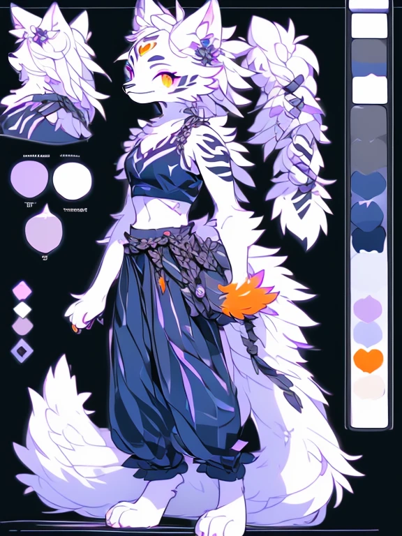 ( Absurdly , High quality , ultra detailed ) ,( hand detailed ) , 1girl, solo, mature, (concept art, character sheet), absurdres(highly detailed beautiful face and eyes)perfect anatomy Solo, sfw, Young Female white fox-cat (((lean-body))) (((teenager))) (((medium breasts))) (short snout),(((fur (black stripe) between neck and shoulder towards chest))) ((fur (black stripes) on waist)) (ears are darker), (heterochromia (orange, violet)), (cat tail (black at end)), (white hair (single braided)), (fantasy adventure type clothing ((violet shirt (crop top))), ((navy-blue belt)) ((skirt and pants)), happy ((looking at viewer)) ((Female wolf)) (detailed eyes) (clevedge, (collarbone, shoulders), (solo, (1girl)) ((((fluffy white fur)))) ((extremely detailed fur)) (violet crop top) ((hair in face)) (big braid), sfw, (thin long tail) (heterochromia) (extremely detailed eyes) joyful (full body) (toes exposed) (tippy toes) (perfect anatomy) (((concept art, character sheet, (multiple views)))) (orange and violet eyes)