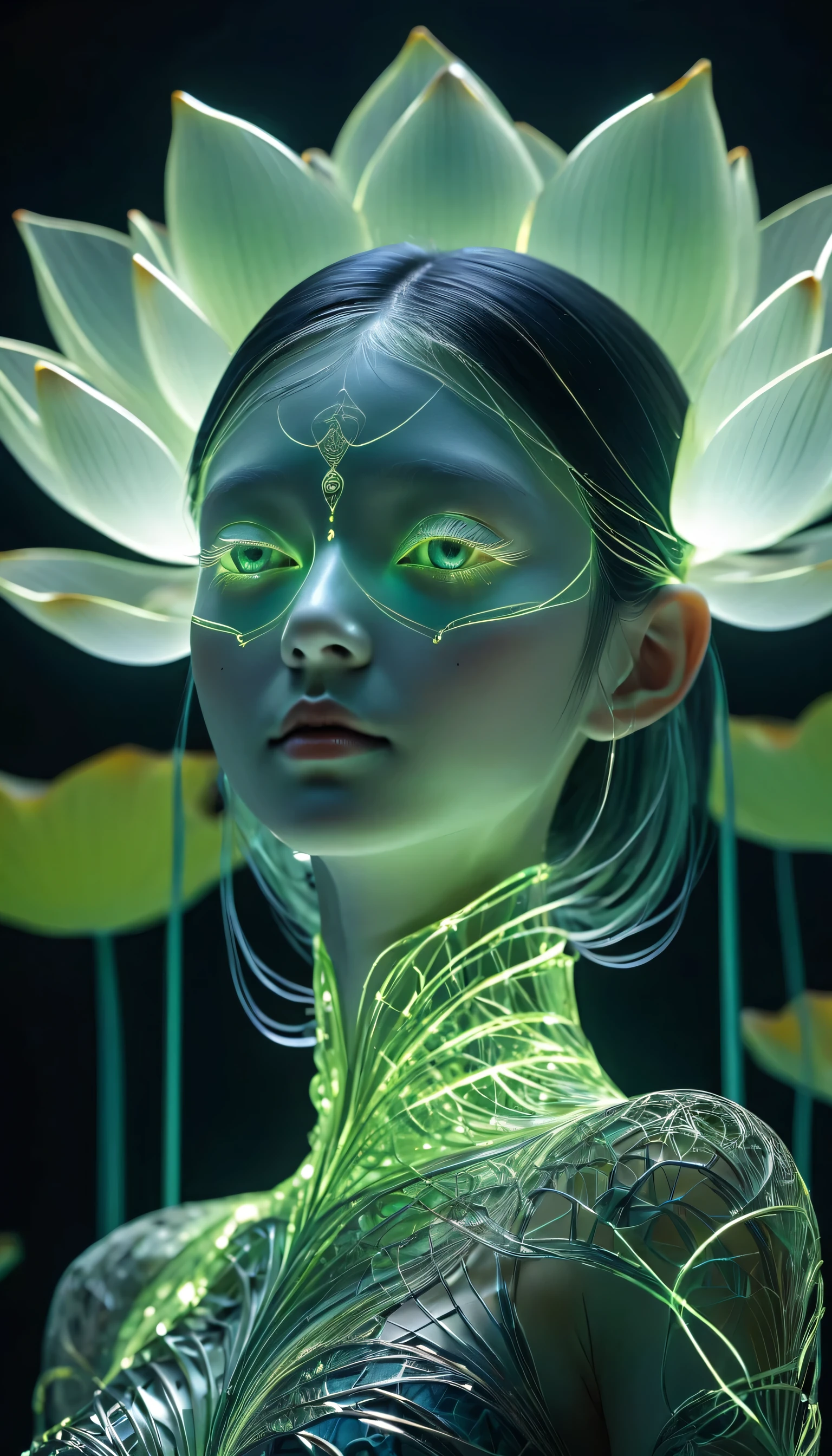 high resolution, Ultra Detailed, (1 woman:1.3),（lotus）
Sun rest, reverberation, Experimental photography, Surreal contrasts, Eye-Catching Visuals, Artistic abstraction,The atmosphere breaks the art of cutting, Layered contours, Complex Mode, exquisite craft, shadow play, Depth and size, creative expression,
break art, Frozen sculpture, translucent form, short-lived beauty, Crystal structure, exquisite craft, Touch,
Broken Green Eye,Body Glow，glowing lines，Fluorescence,Glow Example，Sample tracking，flash，萤Light Particles，Backlight，translucent，Light Particles