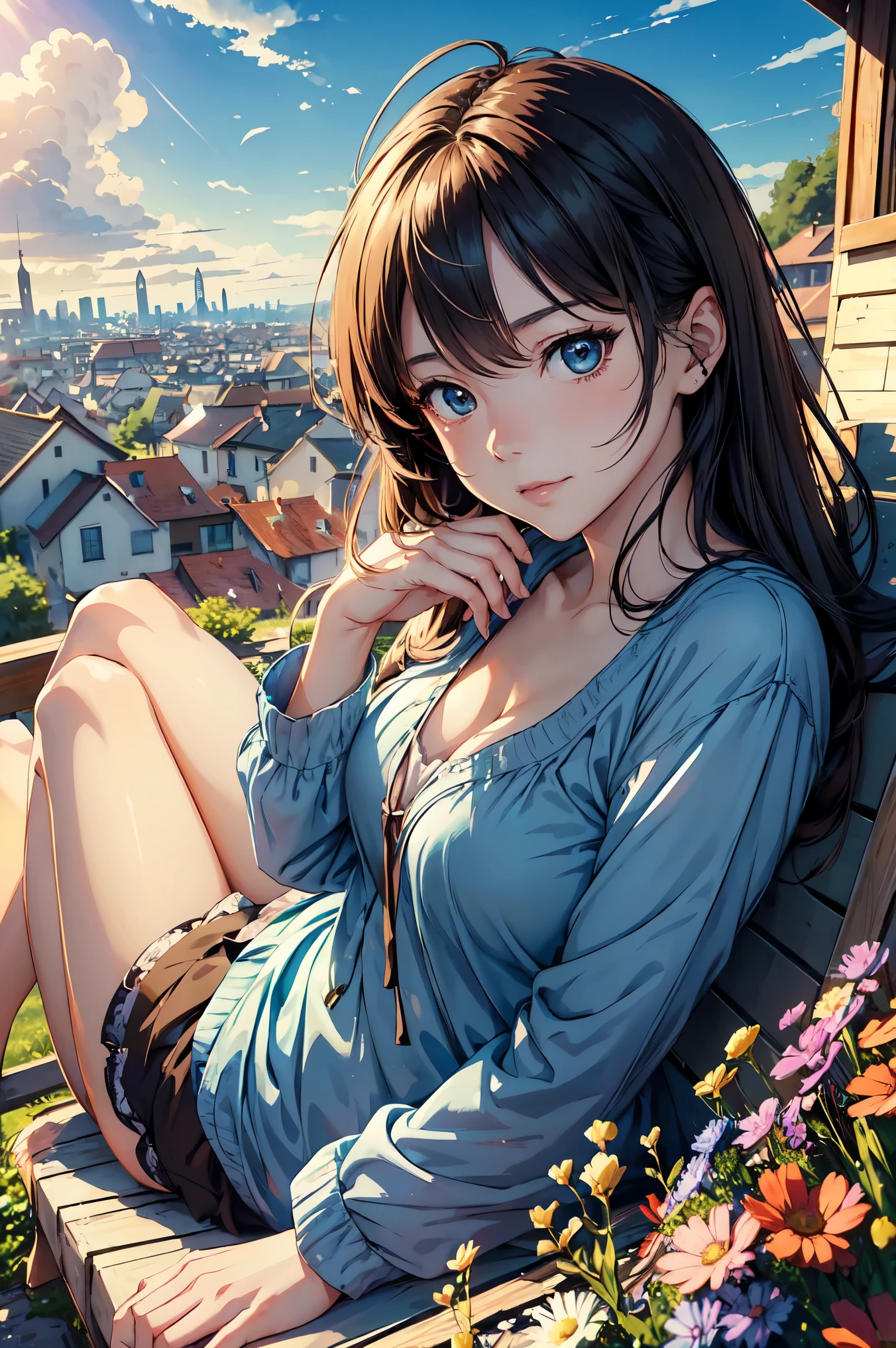 relaxing style, Warm atmosphere, masterpiece, highest quality, Very exquisite beautiful face and eyes, With a girl, Anime Style, Dynamic Angle, (Girl Looking at the Sky), (Comfortable wind and beautiful sky), spring, running, sun, Wildflowers, Relaxed smile, Distant townscape,