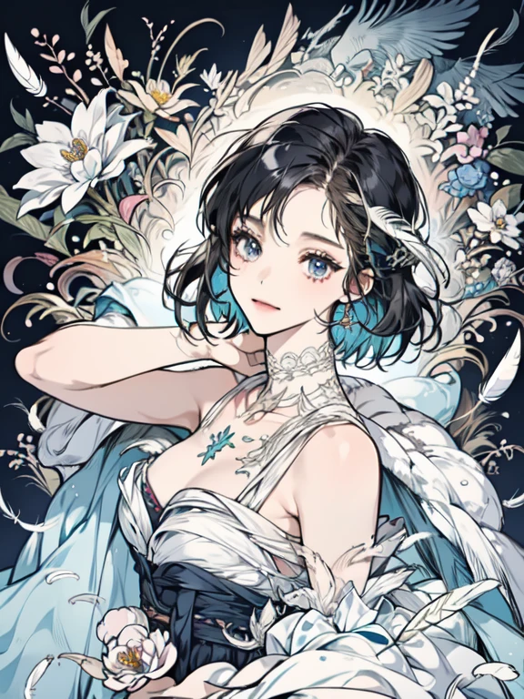 (masterpiece, top quality, best quality, official art, beautiful and aesthetic:1.2), (1girl:1.3), extremely detailed,(fractal art:1.1),(colorful:1.1)(flowers:1.3),highest detailed,(zentangle:1.2), (dynamic pose), (abstract background:1.3), (shiny skin), (many colors:1.4), (feathers:1.5), nsfw:1.5, cyber sttyle girl, 1girl, solo, short hair, in nightclub ,bar, bare shoulders, BREAK, rainbow hair,long hair, breasts out:2,portrait, (from above:1.2), medium breasts, beautiful breasts, monochrome, greyscale, midjourney, dancing pose