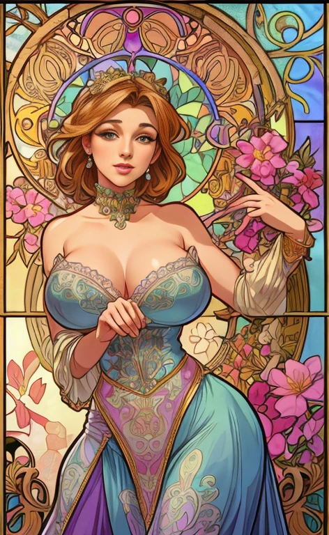 vetorial art style,Stained glass, beautiful vintage pinup woman,alphonse mucha style,delicated pose,Intricate flowery background