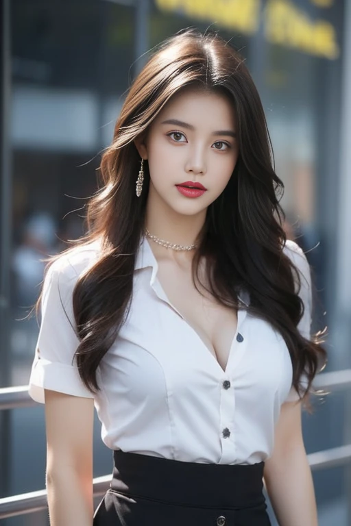 (8K,high resolution,Masterpiece, best quality, alone, complicated details, Chromatic aberration), realistic, ((Moderate breath)), hair in one eye,purple eyes, round hoop earrings, sharp eyes, Diamond-encrusted choker, (symmetrical eyes),(Perfect symmetrical body),Photo of a beautiful 21 year old teenage girl,(fit the body), ,Beautiful and charming with contemporary fashion paintings as well...., looking at the audience, ((In the background of a large classroom)), (black short skirt), ((The young woman wore a form-fitting white short-sleeved shirt., Unbuttoning the buttons, Revealing a little breast,Blue short sleeve lab coat)), ((A short black pencil skirt with a deep slit on the side..)), belt, ((Put your hands down.)),Blonde hair, Bob, long hair, Lateral smoothness,,copper blonde hair, sit, sharp eyeliner, Eye shadow blush with thick eyelashes, Very delicate and beautiful, round chin, Sharp focus, elegant,sitบนโต๊ะเรียน ยกขาข้างหนึ่งขึ้นให้อยู่ในระดับสายตา, The legs are slightly separated..,dynamic gesture,((ใส่Blue short sleeve lab coatคลุม เฉียบคมยาวระดับก้น))
