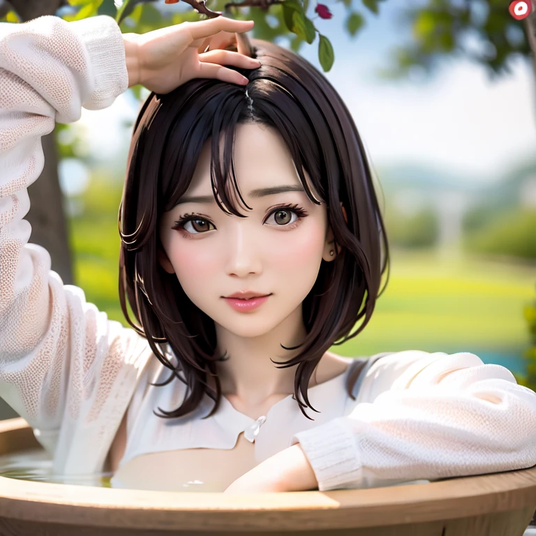 highest quality、High resolution、one person、Japanese women、adult、Age 25、sexy、Big Breasts、Bob Hair、bath、((Taking a bath))、((Completely naked))、A shy smile、