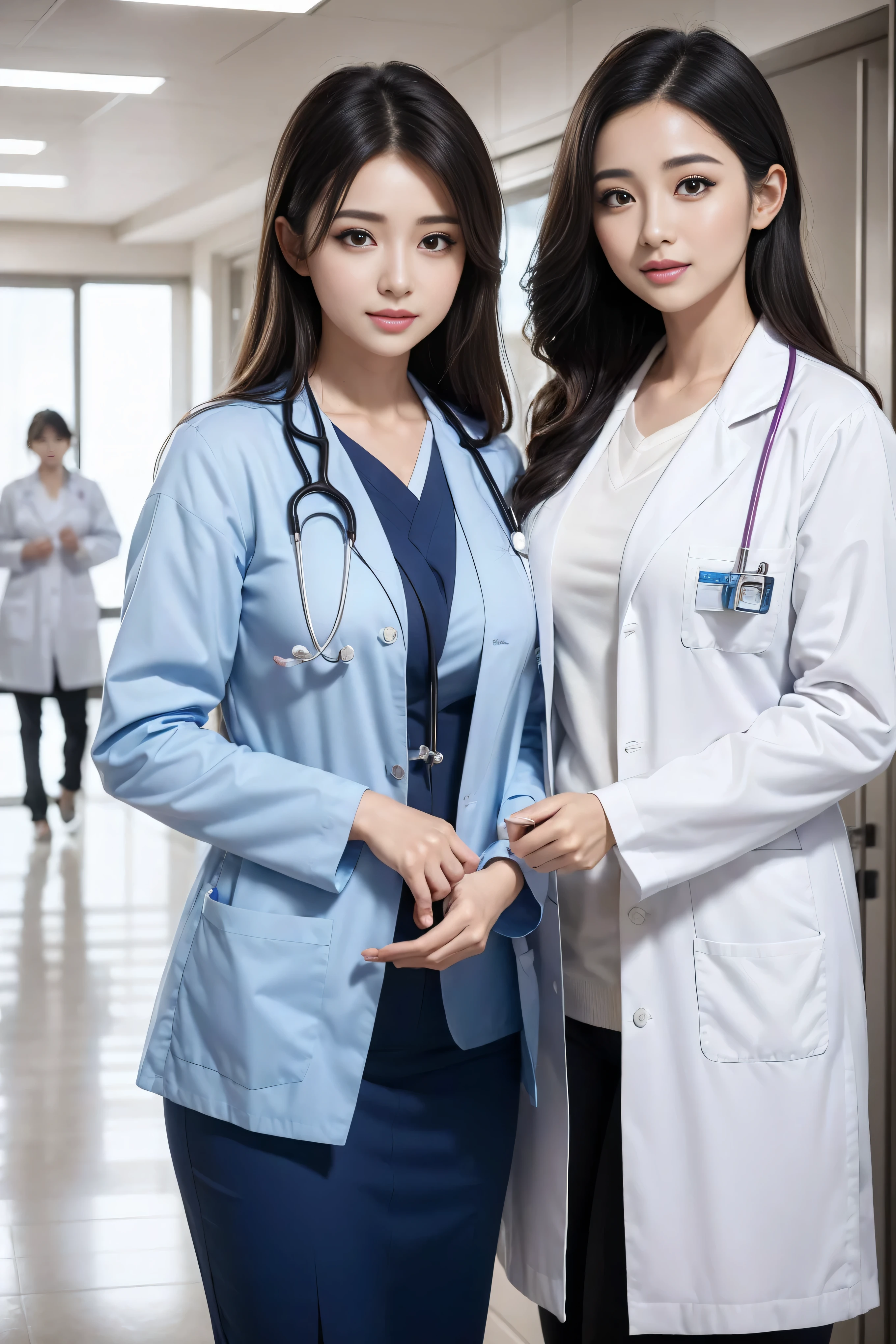 Realistic beautiful doctor、Stunningly beautiful、Doctor's white coat, Collared shirt、(Top quality、8K、32K、masterpiece、North African Trade Zone:1.3)、Ultra-high resolution,(Reality:1.4),Original Photography, Detailed face,,Beautiful hair, ((Doctor style)),,((Leg length)), (Thigh gap:1.5), , Black tight skirt、 Natural Makeup,, Big plump breasts、In the hospital, Detailed background, Perfect lighting, Depth of Field, Beautiful shadow gradient,Stethoscope ,