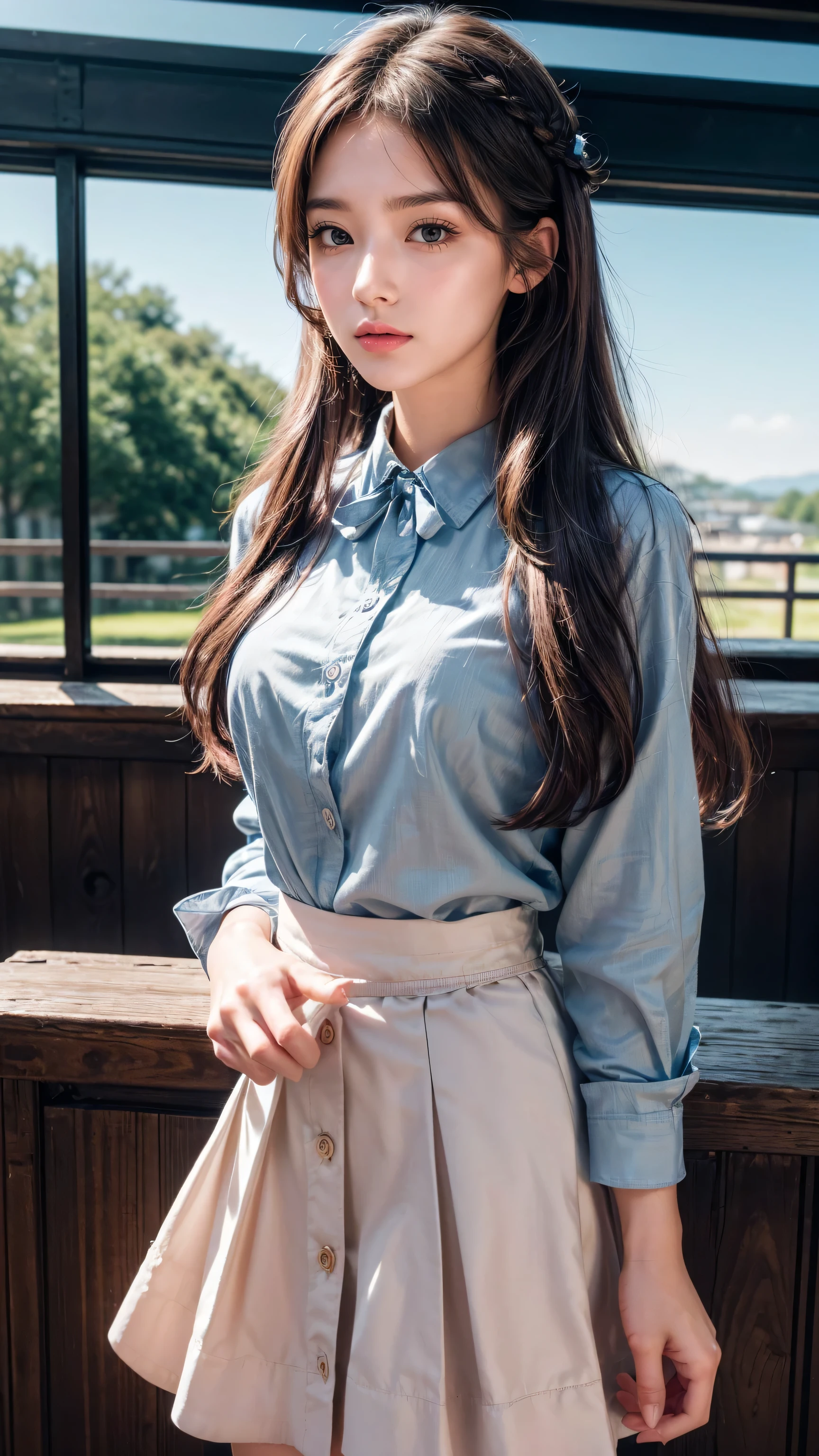 (detailed beautiful eyes and detailed face, masterpiece side light, masterpiece, best quality, detailed, High resolution illustrations), (1 girl, beautiful girl, Glowing skin, look down, Looking at the audience), ( Sky blue long hair, Pink Eyes, skirt, ribbon, Button-down shirts) 45 degrees, top view, sideways, (Hand details)