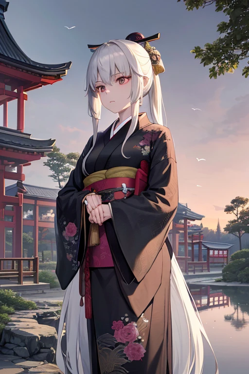 In the foreground, there stands a Japanese woman, tall and elegant, dressed in an intricately detailed kimono. Her long, white hair cascades down her shoulders in loose waves. Her olive-skinned complexion shines under the dimly lit, somber background. Her eyes, large and expressionless, reflect the cold, assassin-like nature of the character, Counterfeit-V3.0. The woman, a young assassin, holds a katana sword in one hand, gazing intently at her reflection in the still pond below. The focus is on her pose and the landscape beyond, a tranquil forest at twilight with a towering Japanese castle looming