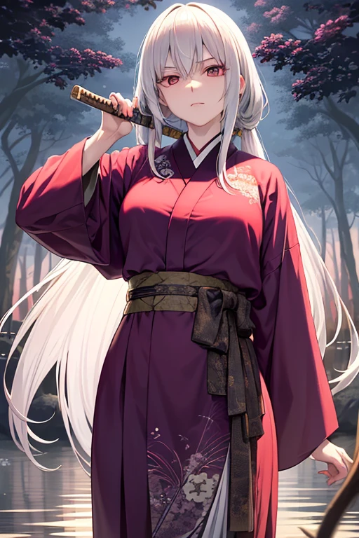 In the foreground, there stands a Japanese woman, tall and elegant, dressed in an intricately detailed kimono. Her long, white hair cascades down her shoulders in loose waves. Her olive-skinned complexion shines under the dimly lit, somber background. Her eyes, large and expressionless, reflect the cold, assassin-like nature of the character, Counterfeit-V3.0. The woman, a young assassin, holds a katana sword in one hand, gazing intently at her reflection in the still pond below. The focus is on her pose and the landscape beyond, a tranquil forest at twilight with a towering Japanese castle looming