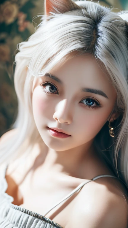 (Surreal), (figure), (High resolution), (8K), (Very detailed), (best figure), (Detailed and beautiful eyes), (highest quality), (Super detailed), (masterpiece), ( wallpaper), (Detailed face), alone, 1 girl, Wavy white hair, Korean, Different Eyes, Long legs, Toned Abs, Cat ear