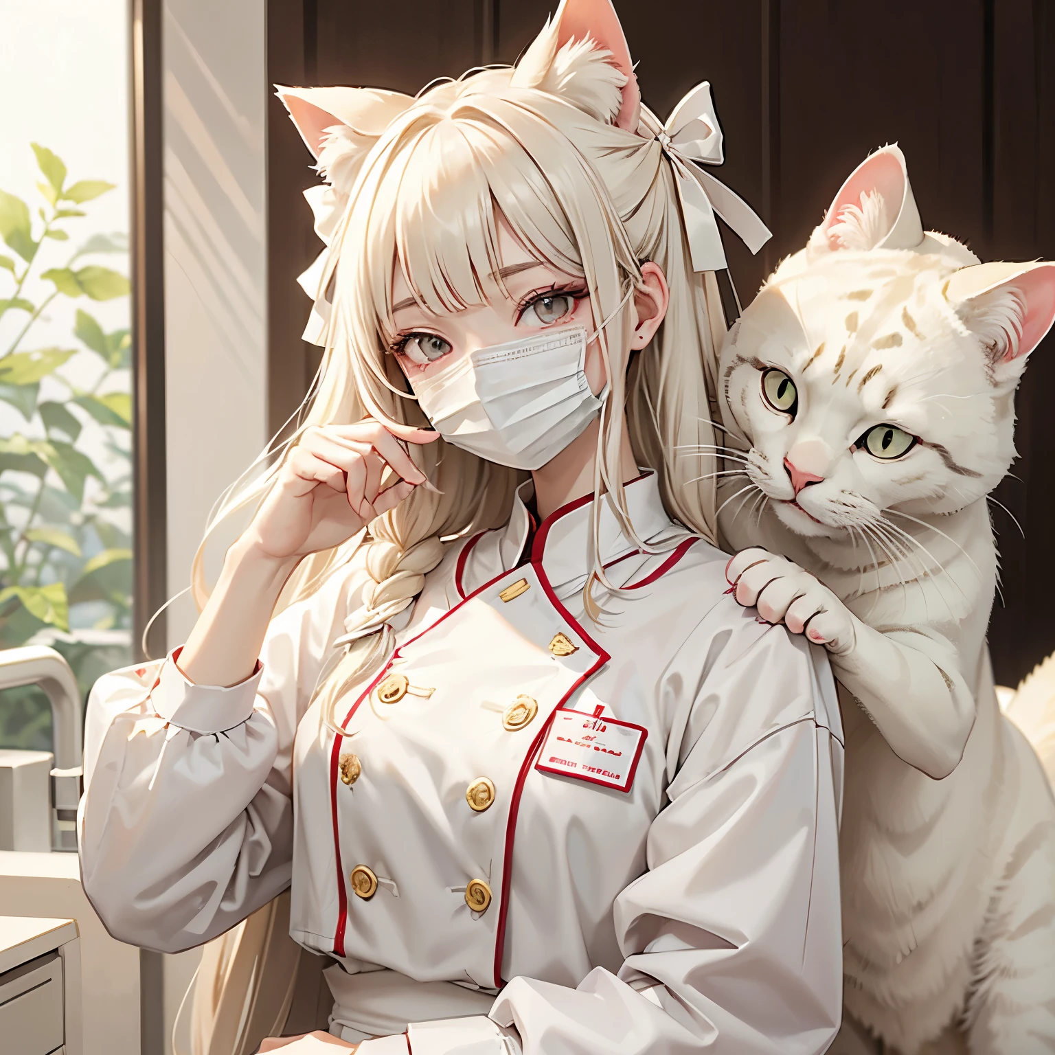 1 girl、Place one hand on cheek、Nurse uniform、mask、it hurts、dentist、dentist、dentistで治療、Cat with ivory ribbon、Ivory colored hair、Ivory eyes、ivory colored clothes、齒がit hurtsポーズ
