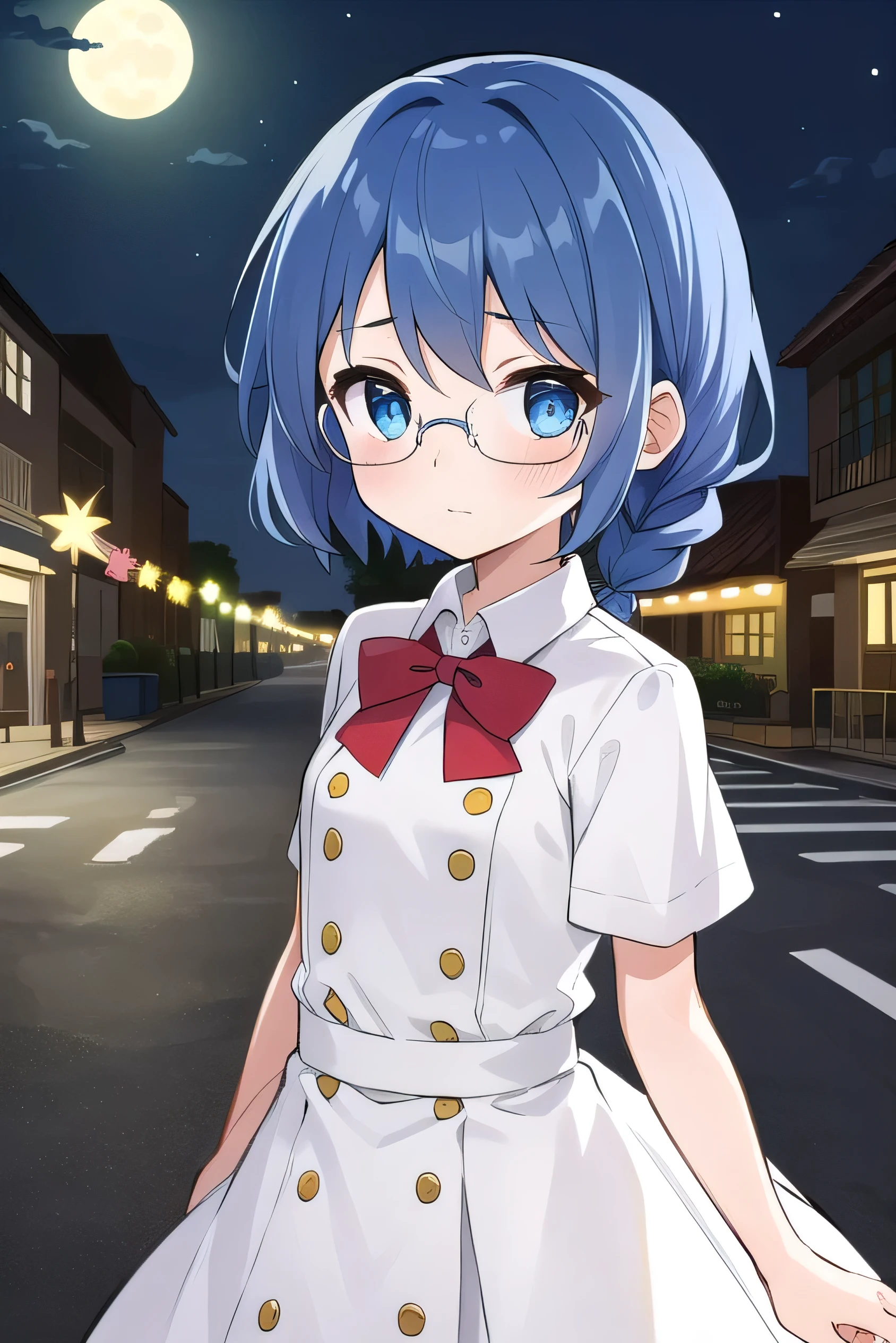 small breasted girl, short, elementary school student, blue hair, fishtail braid, blue eyes, round eyes, shy, shy, , short, young face, short height, , glasses with no edges,flat chest,night,park,walking,night, dark, lights out, moonlight,all the street lights are out