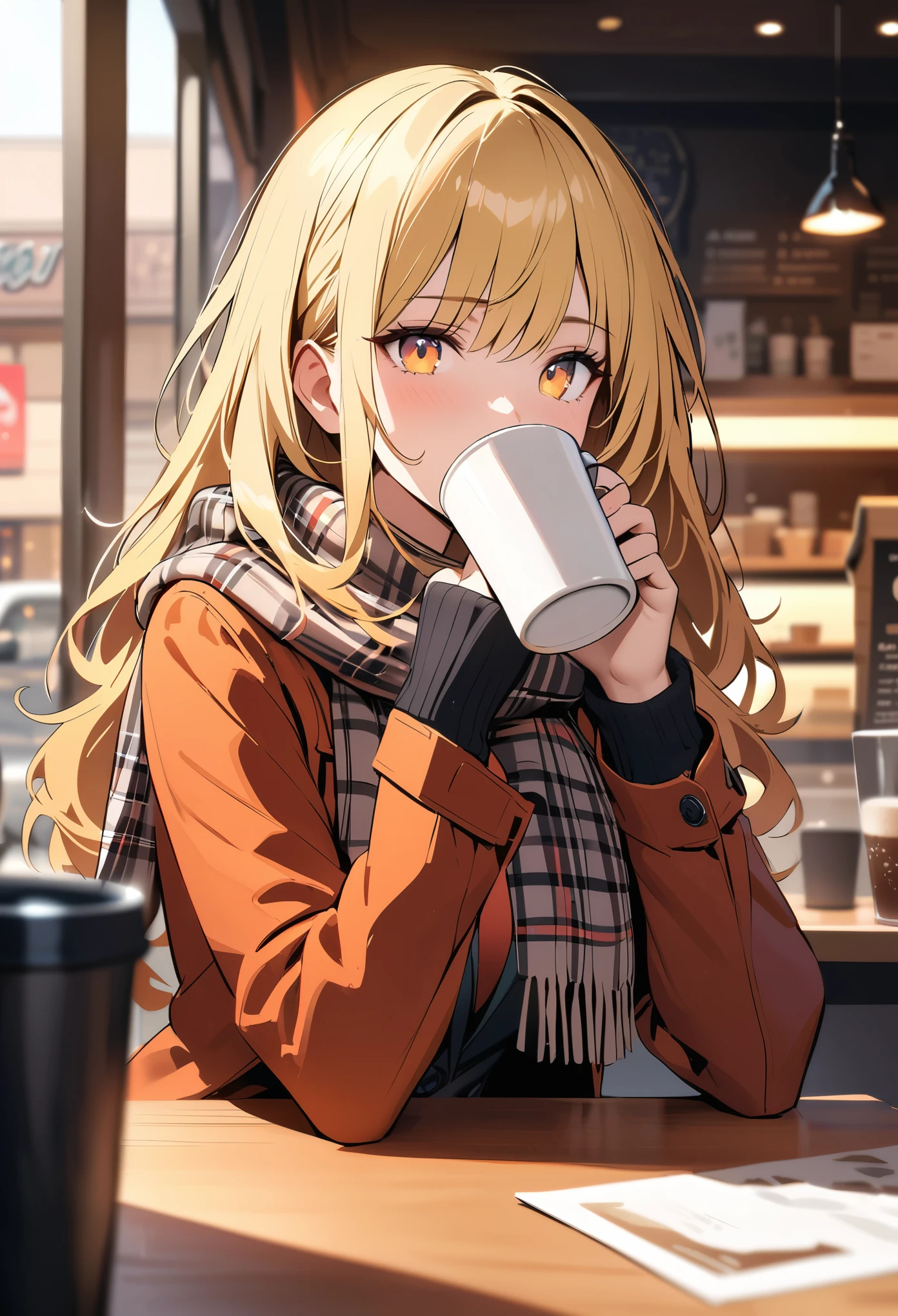(solo)，masterpiece，Extreme details，HD，Beautiful illustrations，((Thriller))，amazing，medium view，Upper Body，A woman，(extremely detailed neat hair)，yellow hair，beauty eyes，Suit，Plaid scarf，(Drinking coffee)，hands holding coffee cup，Depth of Field，Coffee shop background，warm background，warm feeling