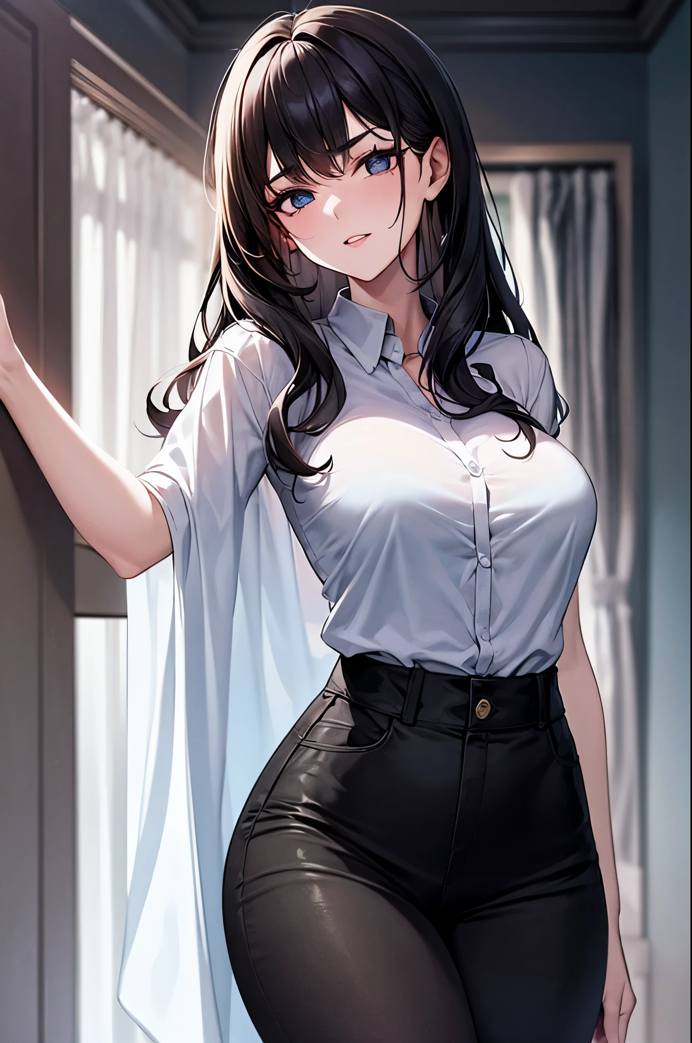 This beautiful teacher、He was wearing a simple and elegant white shirt and slim black trousers.。, Showing off her tall figure and graceful curves. Her long hair was a shawl, A little curled, It gave off a faint fragrance. Her features are delicate, Her eyes are bright and lively, Her eyebrows are thin and natural, Her lips are rosy and sexy, Her face is round and smooth.