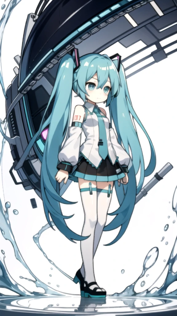 best quality, chibi, 1 girl, miku, Hatsune Miku, (full body), Pure white background,Vivid,clearly,sad face,rain