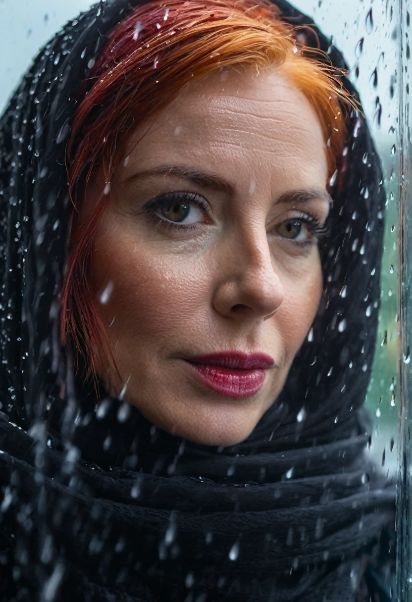 a close-up of a 35 year old woman with white and red hair and a black scarf, um retrato de personagem, background inside an all-glass hotel outside a light rain, well-defined raindrops captured in slow motion.