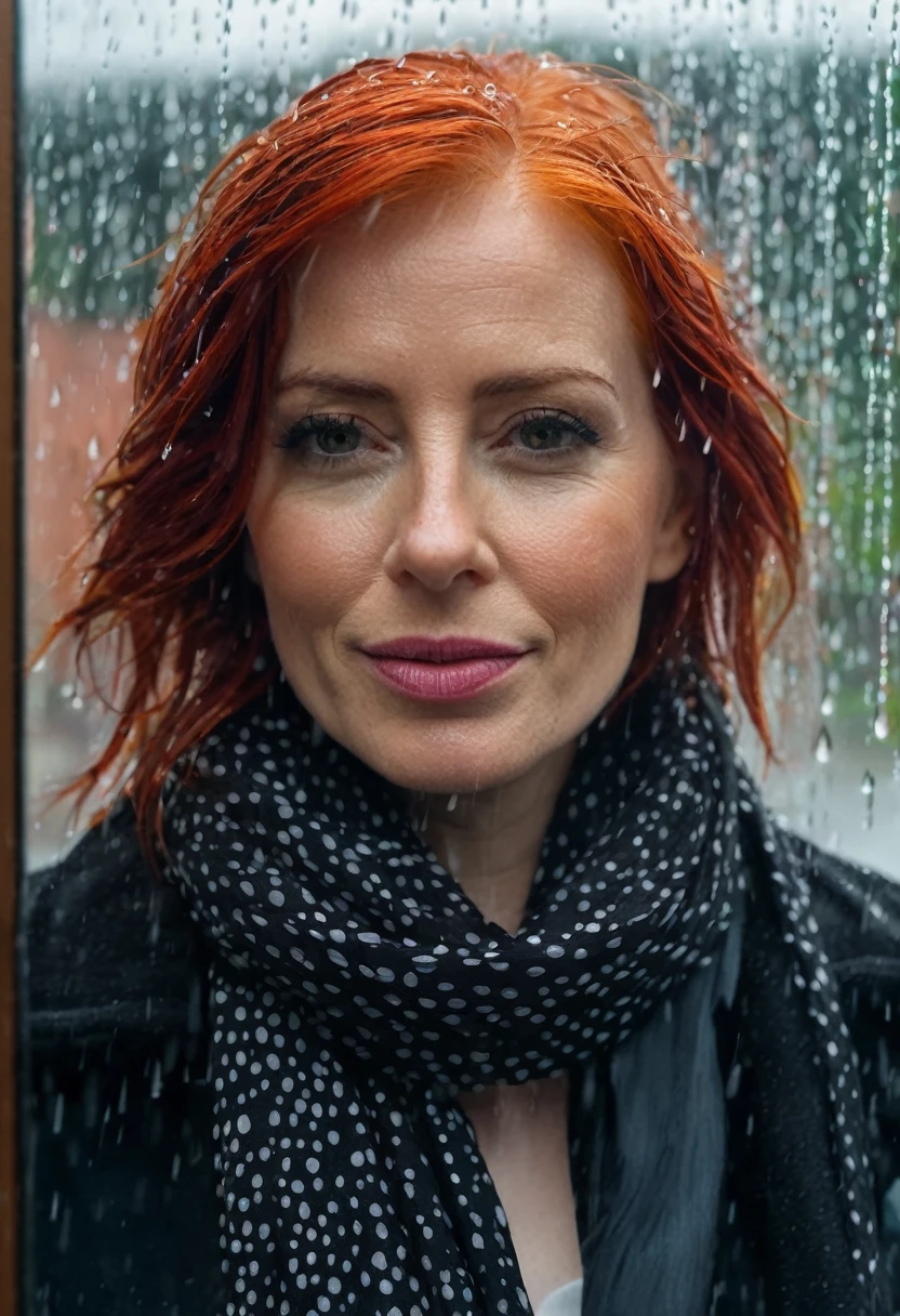 a close-up of a 35 year old woman with white and red hair and a black scarf, um retrato de personagem, background inside an all-glass hotel outside a light rain, well-defined raindrops captured in slow motion.