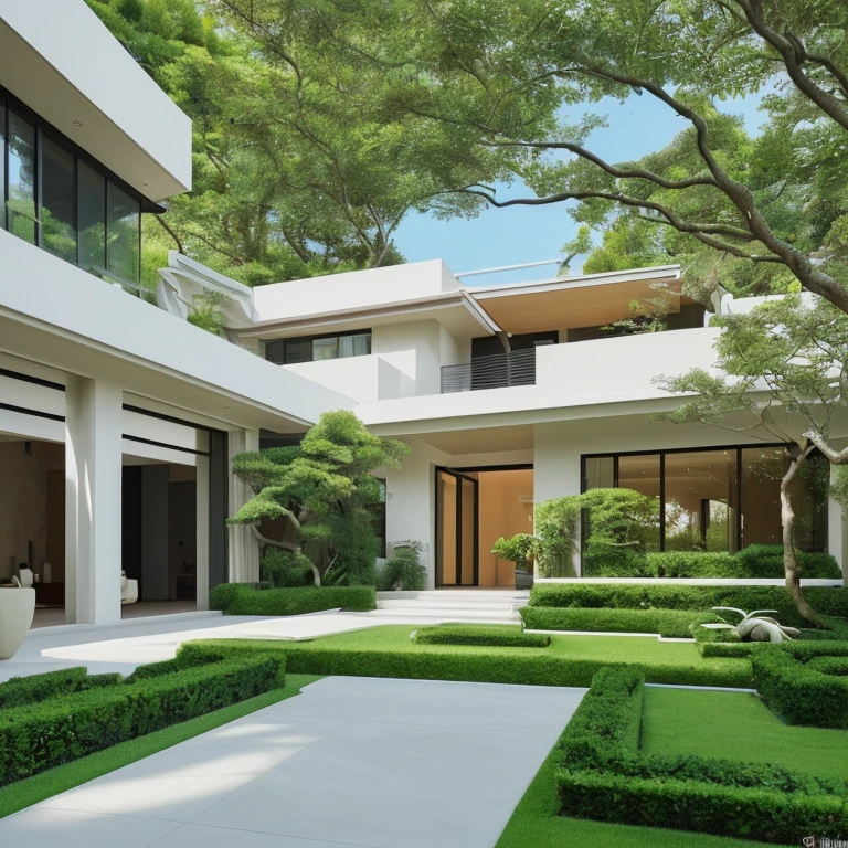 A beautiful, modern villa in a lush garden with vibrant flowers, towering trees, and exquisite landscaping. The house is of the highest quality, capturing every vivid detail and rendered in 4k or 8k resolution. The image is ultra-detailed and realistic, capturing the essence of the villa's architecture and the serene beauty of the surrounding nature. The villa features sleek lines, large windows, and a seamless integration of indoor and outdoor spaces. The garden is meticulously designed, with carefully manicured lawns, a variety of blooming flowers, and majestic trees that provide shade and a sense of tranquility. The colors in the image are vibrant and visually stunning, enhancing the overall beauty of the scene. The lighting is expertly crafted, highlighting the architectural features of the villa and creating a warm and inviting ambiance. This masterpiece of a painting showcases the perfect blend of modern design, natural elements, and artistic craftsmanship.