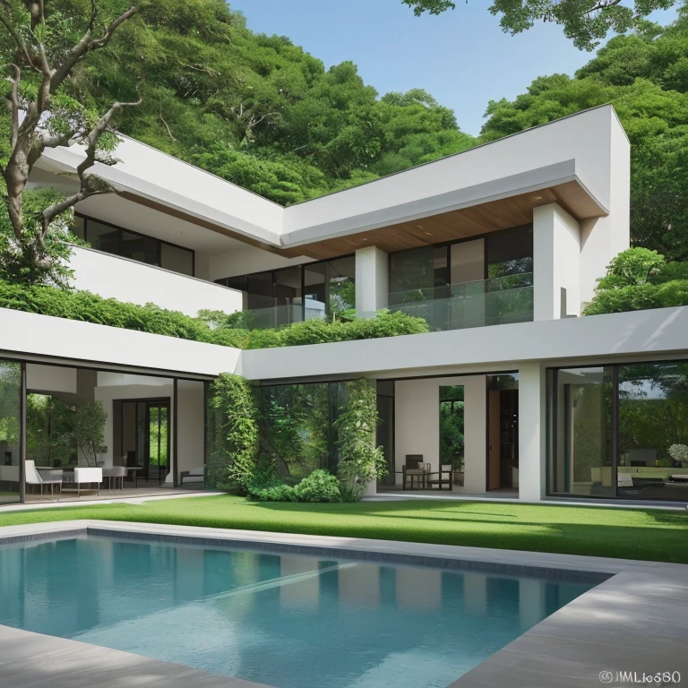 A beautiful, modern villa in a lush garden with vibrant flowers, towering trees, and exquisite landscaping. The house is of the highest quality, capturing every vivid detail and rendered in 4k or 8k resolution. The image is ultra-detailed and realistic, capturing the essence of the villa's architecture and the serene beauty of the surrounding nature. The villa features sleek lines, large windows, and a seamless integration of indoor and outdoor spaces. The garden is meticulously designed, with carefully manicured lawns, a variety of blooming flowers, and majestic trees that provide shade and a sense of tranquility. The colors in the image are vibrant and visually stunning, enhancing the overall beauty of the scene. The lighting is expertly crafted, highlighting the architectural features of the villa and creating a warm and inviting ambiance. This masterpiece of a painting showcases the perfect blend of modern design, natural elements, and artistic craftsmanship.