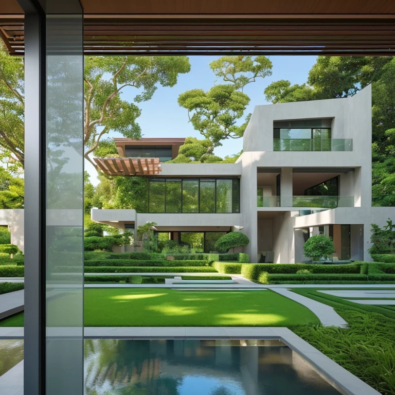 A beautiful, modern villa in a lush garden with vibrant flowers, towering trees, and exquisite landscaping. The house is of the highest quality, capturing every vivid detail and rendered in 4k or 8k resolution. The image is ultra-detailed and realistic, capturing the essence of the villa's architecture and the serene beauty of the surrounding nature. The villa features sleek lines, large windows, and a seamless integration of indoor and outdoor spaces. The garden is meticulously designed, with carefully manicured lawns, a variety of blooming flowers, and majestic trees that provide shade and a sense of tranquility. The colors in the image are vibrant and visually stunning, enhancing the overall beauty of the scene. The lighting is expertly crafted, highlighting the architectural features of the villa and creating a warm and inviting ambiance. This masterpiece of a painting showcases the perfect blend of modern design, natural elements, and artistic craftsmanship.
