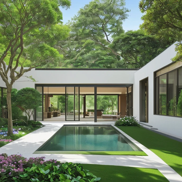A beautiful, modern villa in a lush garden with vibrant flowers, towering trees, and exquisite landscaping. The house is of the highest quality, capturing every vivid detail and rendered in 4k or 8k resolution. The image is ultra-detailed and realistic, capturing the essence of the villa's architecture and the serene beauty of the surrounding nature. The villa features sleek lines, large windows, and a seamless integration of indoor and outdoor spaces. The garden is meticulously designed, with carefully manicured lawns, a variety of blooming flowers, and majestic trees that provide shade and a sense of tranquility. The colors in the image are vibrant and visually stunning, enhancing the overall beauty of the scene. The lighting is expertly crafted, highlighting the architectural features of the villa and creating a warm and inviting ambiance. This masterpiece of a painting showcases the perfect blend of modern design, natural elements, and artistic craftsmanship.