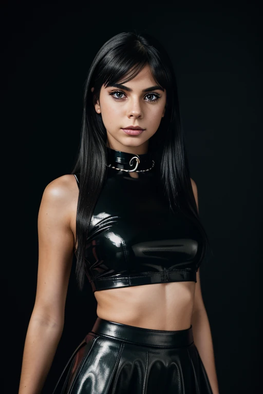18 year old gothic british girl, black latex skirt, leather choker with hearts, medium breasts, soft black lips, green eyes, medium eyelashes, medium nose, medium ears, thick eyebrows, long black hair, looks away, natural skin, moles on skin, (cinematic, film grain: 1.1) smile, dynamic body posture, full body, + cinematic darkness, chiaroscuro, contrasted, ma(:0)disyn s(:0)hipman, all prologue, continuation, youth body, at the French Riviera film festival, corporate punk, wrapped, surreal, high quality photography , 3-point lighting, flash with softbox, 4k, leica m6, hp5 plus, sharp focus, high resolution, award-winning photography, medium photo grain, 50mm, f2.8, depth of field