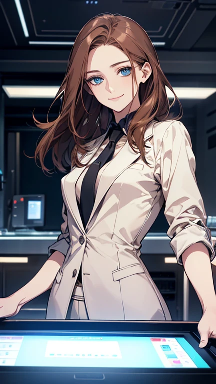 (highest quality,High resolution,Very detailed),1 girl, Beautiful and elegant light blue eyes, Brown Hair, Cold Smile,Medium Hair, Wearing a suit,secretary, Mature Woman, Age 25,Cruel smile, Calm and Calm, Slim figure,Small breasts, Pale complexion, thin, Calm, In the lab,You are operating a tablet