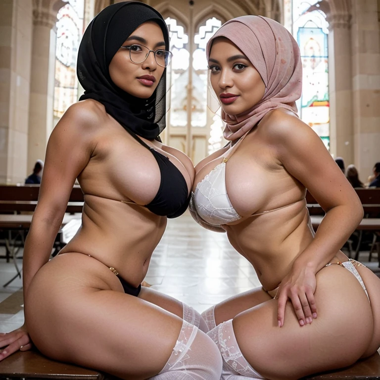 (portrait), In an empty church setting, two sexually attractive hourglass figure depraved (hijabi) (Muslim) MILF sit side by side on a bench, radiating lust and sexual desirer. They share the same height and body proportions, creating a visually stunning image of unity and strength.

Both ladies wear (lace hijabs), beautifully wrapped around their heads, framing their faces and accentuating their sensuality.

Complementing their (hijabs), both ladies wear (stockings) (daring string bikinis) that add a subtle hint of allure to their ensemble. The stockings enhance their sensual and lust-satisfying posture, further highlighting their hourglass figures.

Their makeup is flawlessly applied, with striking red lips, voluminous mascara, captivating eye shadow, precise eyeliner, and luxurious lashes. These elements enhance their already mesmerizing features, drawing attention to their expressive eyes.

As they sit close to each other on the bench, they exude a sense of unity and sisterhood. Their presence showcases the beauty and strength of hijabi Muslim women, empowering others to embrace their identities and celebrate their unique beauty.

both is looking at viewer, skin texture, ultra high res, RAW, instagram LUT, masterpiece, best quality, ultra-detailed, ultra high resolution, RAW, 4k, (looking at viewer), extremely detailed eyes and face, ((beautiful detailed nose)), ((beautiful detailed thigh)), ((beautiful detailed eyes)), perfect body proportion,  (looking at the camera), seductive face, cheerful, happy, (SFW:1.5), (glasses)