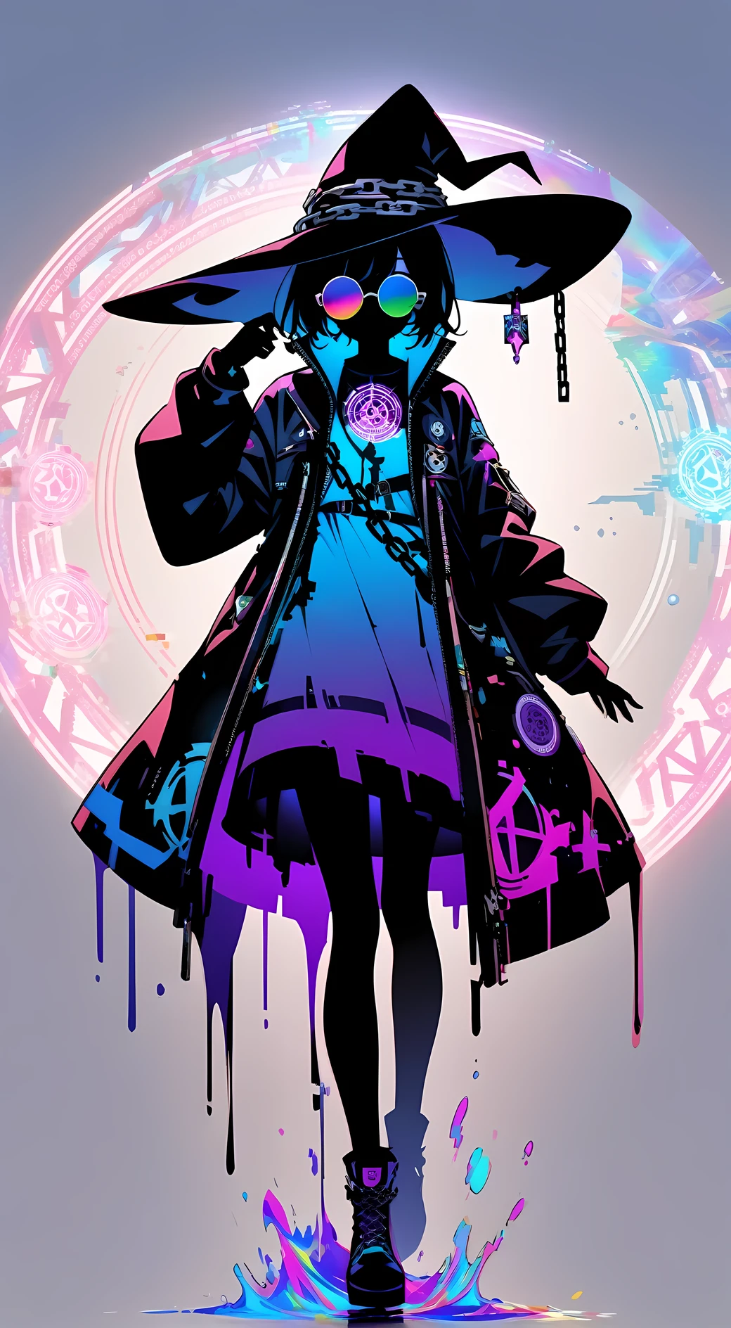 (best quality, ultra detailed), magicpunk, silhouette, 1girl, solo, liquid, round colored glasses, magic circle, witch hat, chain, glitch-noise, foggy gradation simple background,