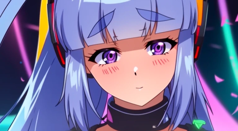 masterpiece, best quality, high resolution, UHD, 8k, first plane, BREAK, 1 girl, ((girl style anime)), Glossy skin, rounded eye, beautiful eyelash, realistic eye, beautiful woman, blue ligth hair, long hair, with white highlights, perfect body, medium breasts, BREAK, DJ en Neon Skies, girl DJ using large headphones, on a turntable, wearing a sweatshirt with neon heart prints, mixing music in a neon environment with many lights, colored lasers, balloons, and colored confetti,