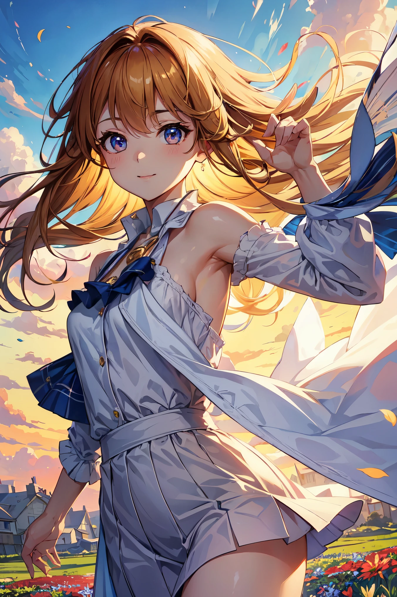 relaxing style, Warm atmosphere, masterpiece, highest quality, Very exquisite beautiful face and eyes, With a girl, Anime Style, Dynamic Angle, (Girl Looking at the Sky), (Comfortable wind and beautiful sky), spring, running, sun, Wildflowers, Relaxed smile, Distant townscape,