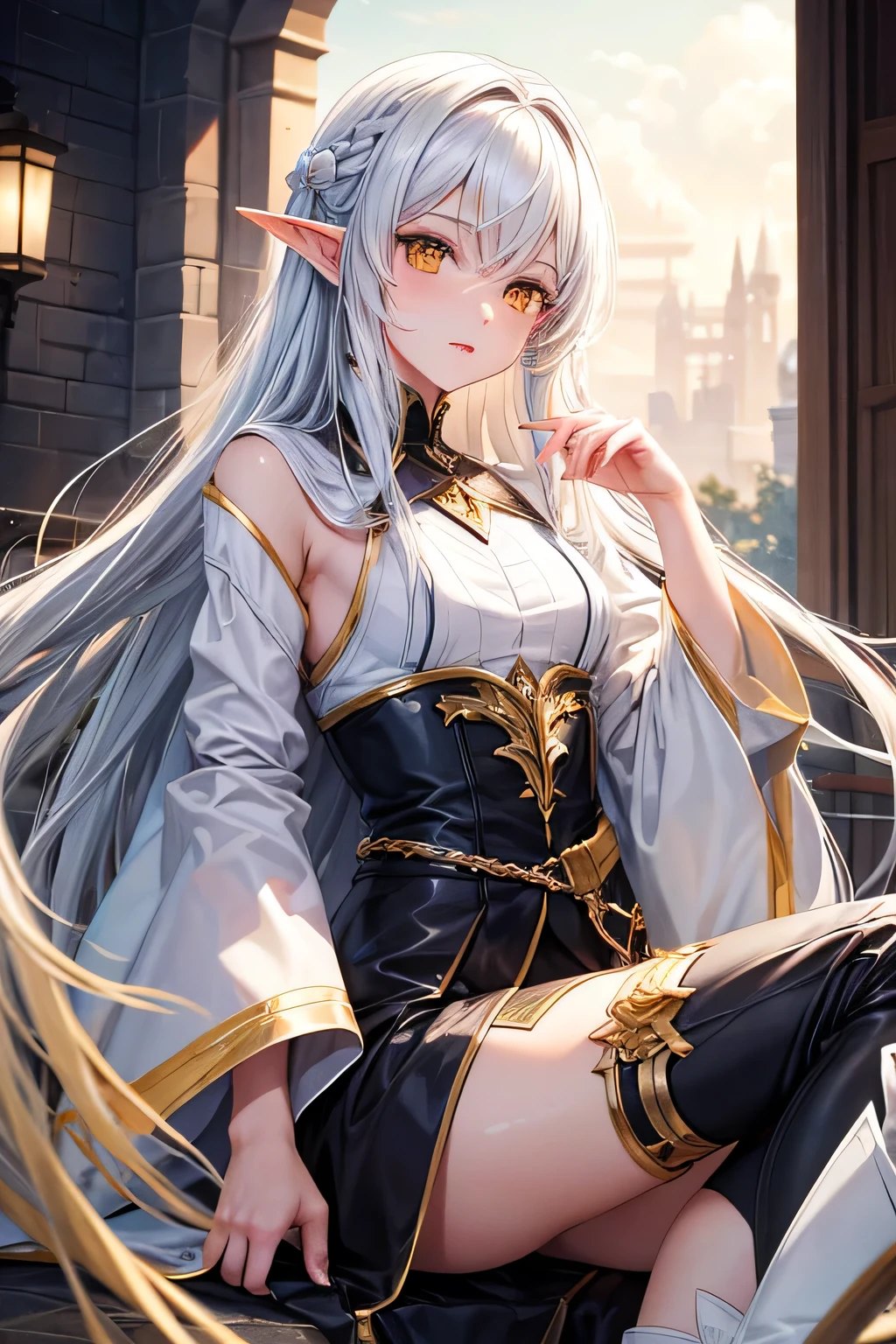 A Cute Feminine Elf-Vampire hybrid male mage with long straight white hair and yellow eyes who's wearing a short white mages robe, reaching only to his thighs, black pants and brown leather boots.(Anime style, comic style)