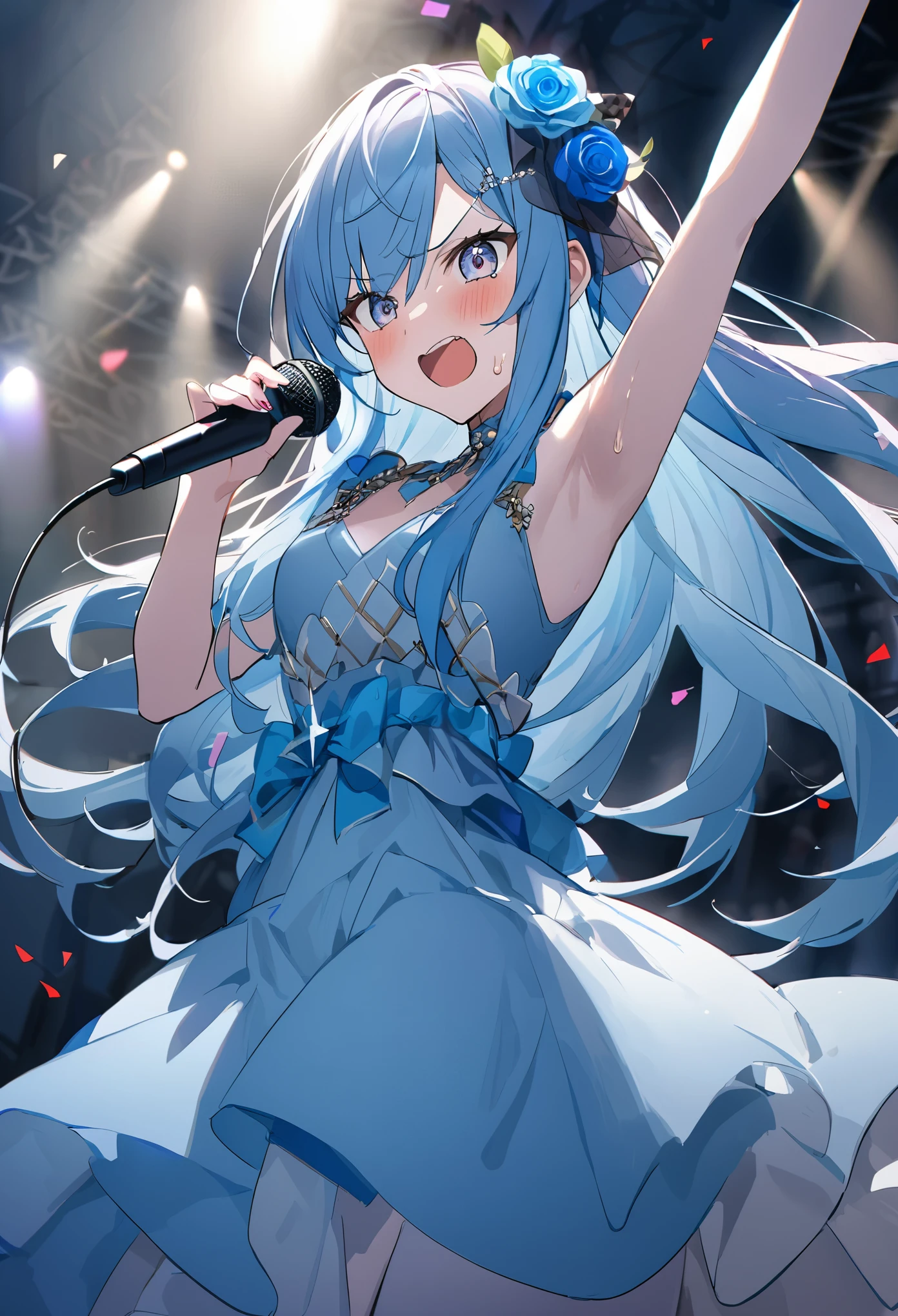 shout、sing、stage、Light、Light、illumination、microphone、Blue Hair、Straight Long、Beautiful hair quality、sing、Lightる目、Blue Dress、Fancy Dress、Rose hair ornament、cool、Brave eyes、歌いshout、microphoneに向かってshout、1 personの女性、1 person、A little angry、Sweat it out、