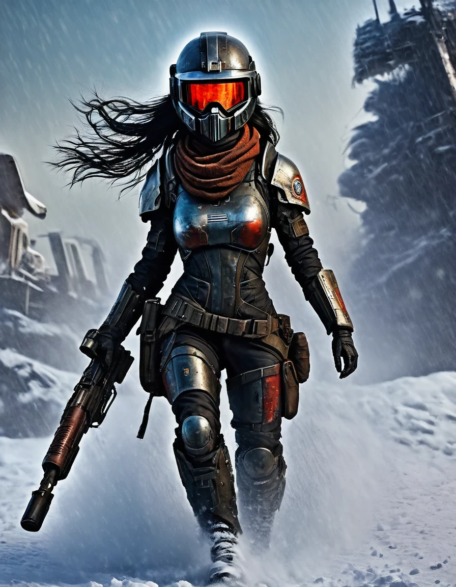 best quality, ultra-detailed, HDR, masterpiece:1.2, wasteland, beautiful warrior holding a rocket launcher, futuristic fantasy, black long flowing hair, high-tech helmet, goggles, blood and black oil paint on her face, dirt, wounded, worn-out, tragic, movie still, Siberia, vast wasteland covered in snow, cold night, sci-fi art, in style of Amedeo Modigliani, battle, war, multiple warriors, background: army combat battlefield, numerous brave soldiers.