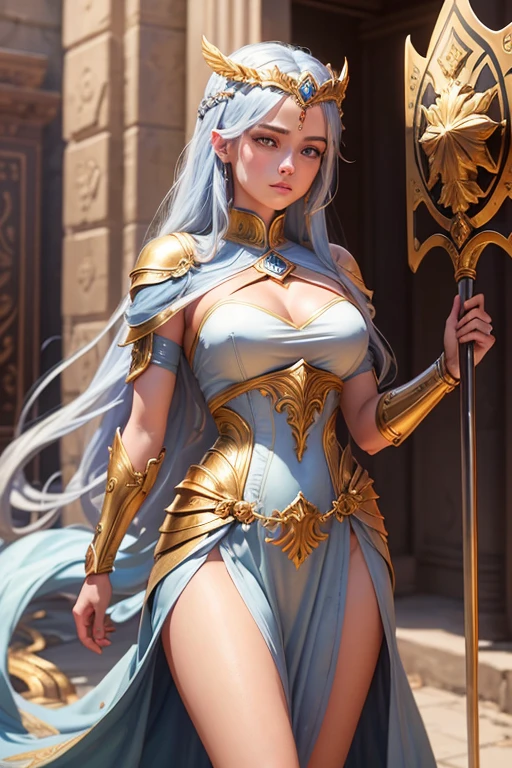 Description:
- Athena is a majestic figure, radiating an aura of wisdom, strength, and grace.
- She stands tall and regal, with a commanding presence that demands respect and reverence.
- Her features are striking and symmetrical, with piercing gray eyes that seem to see into the very soul of those who meet her gaze.
- Her hair is long and flowing, cascading down her back like a river of spun silver, adorned with intricate braids and golden laurel leaves.
- Athena is adorned in gleaming armor, crafted from the finest materials and adorned with intricate designs and symbols that speak to her status as a goddess of war and wisdom.
- Across her chest, she wears a breastplate emblazoned with the image of a shield and spear, symbols of her prowess in battle.
- In one hand, she carries a spear made of shimmering celestial bronze, its tip gleaming with a divine light that illuminates the darkness.
- In the other hand, she holds a golden shield adorned with the image of a serpent, symbolizing her mastery over knowledge and wisdom.
- Athena's demeanor is calm and composed, with a serene expression that belies the fierce intelligence and strength that lies beneath the surface.
- She moves with the grace and poise of a seasoned warrior, every step deliberate and purposeful, as if she is guided by the hand of fate itself.