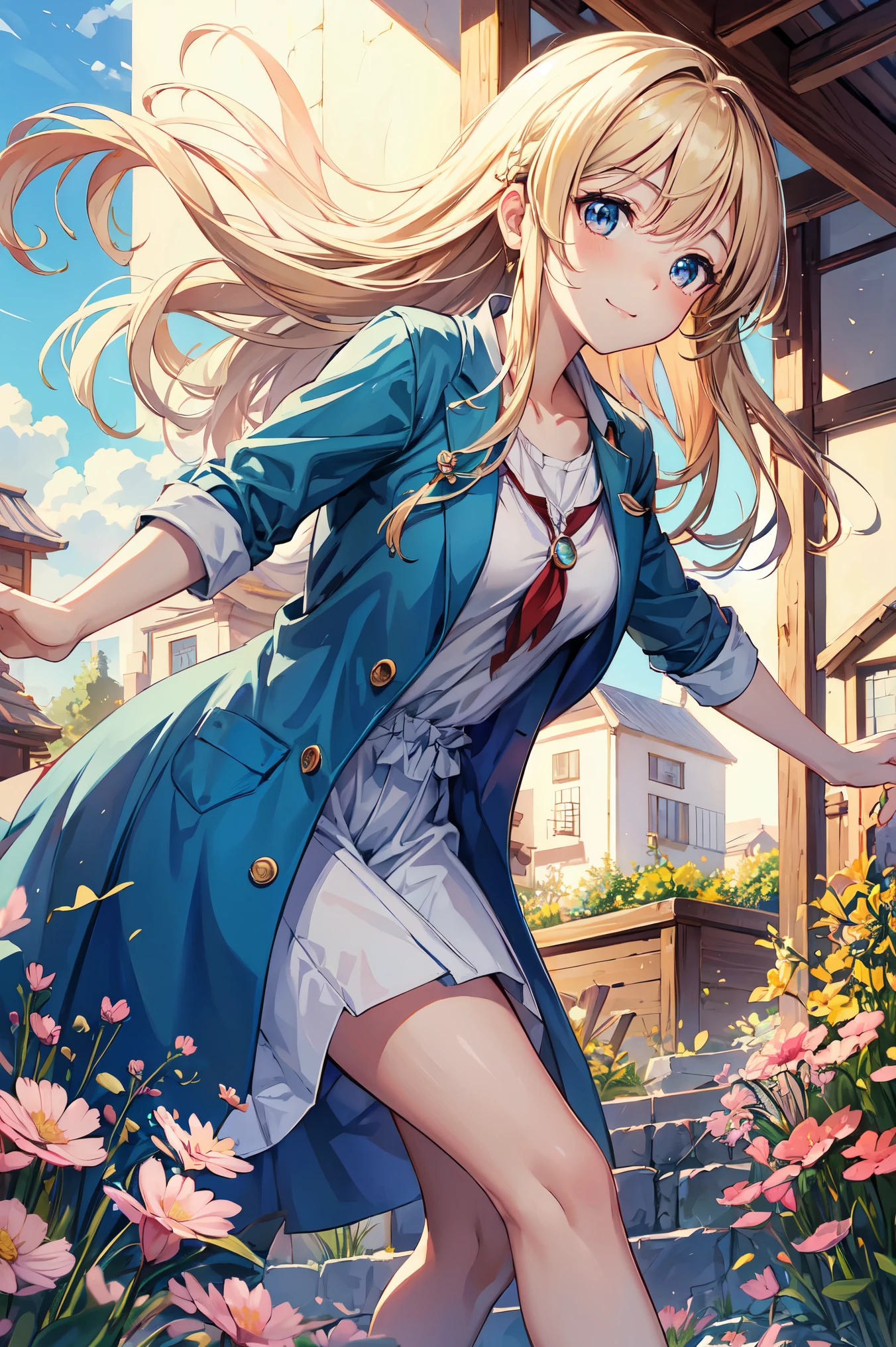 relaxing style, Warm atmosphere, masterpiece, highest quality, Very exquisite beautiful face and eyes, With a girl, Anime Style, Dynamic Angle, (Girl Looking at the Sky), (Comfortable wind and beautiful sky), spring, running, sun, Wildflowers, Relaxed smile, Distant townscape,