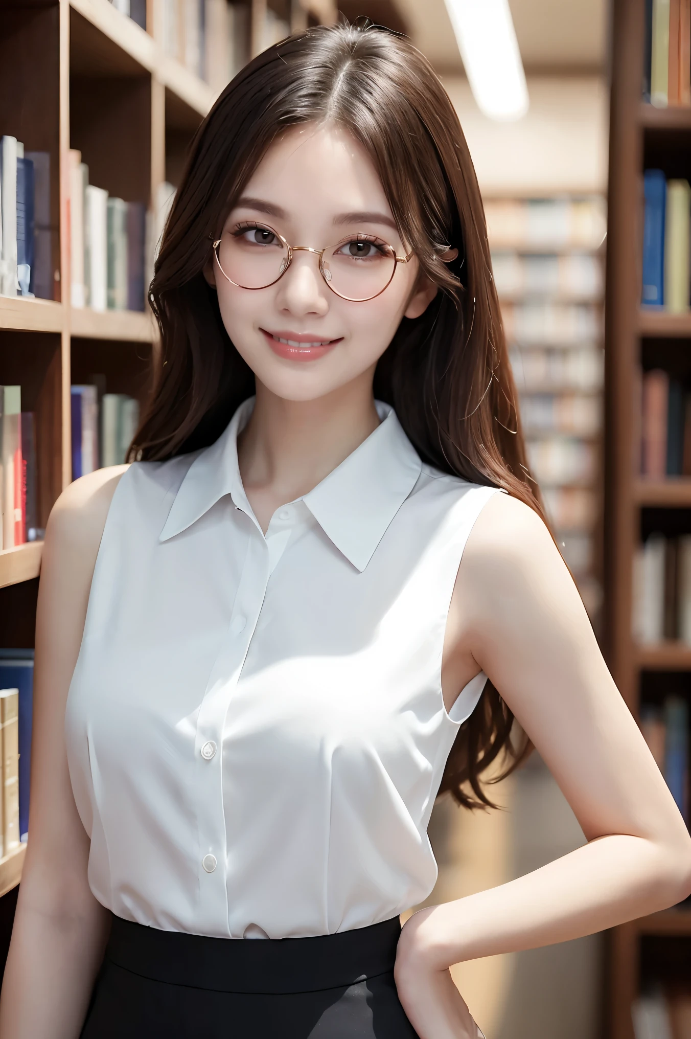 (highest quality、Tabletop、8k、Award-winning works、Ultra-high resolution、Best image quality)、One beautiful woman、(White polyester sleeveless collared blouse:1.2)、Elegant tight mini skirt、The most beautiful smile is looking at me、Smiling with teeth showing, Show off your beautiful teeth、(Elegant round glasses:1.1)、Beautiful and elegant very long wavy hair、library、(Standing Elegantly:1.1)、(Strongly blurred bookshelf background:1.1)、(Very moody and romantic portrait photography:1.2)、Stand next to a bookshelf、(Perfectly organized bookshelf:1.1)、Bookshelf in the background、居心地の良いlibrary、lipstick、Long eyelashes、Heavy makeup、Perfect Makeup、Colored contact lenses、Accentuate your body lines、Big ample breasts、Soft and warm lighting、Detailed bookshelf、(Ultra-high resolutionの正確な美しい髪:1.1)、(Accurate anatomy:1.2)、Ultra-high definition beautiful eyes、Ultra-high definition beautiful teeth、(Super bright and radiant skin:1.1)
