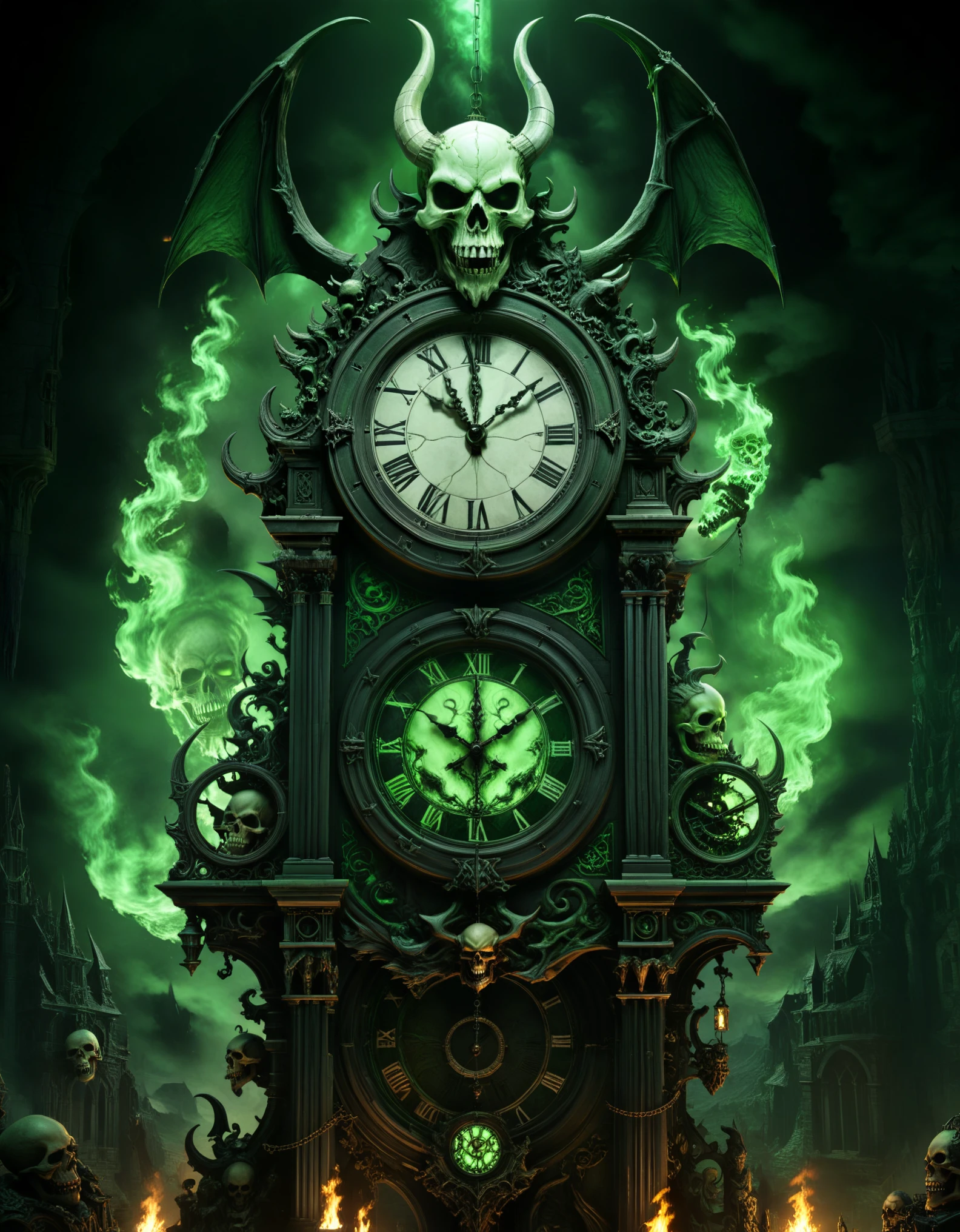 Prompt: giant pendulum clock supported by demon sculptures, 3D game asset, death-themed art, skull pendulum, green phosphorescent fire, hellish landscape, detailed demon figures, Gothic architecture, ornate clock face, dark and ominous ambiance, (sinister, foreboding atmosphere:1.1), high-quality 3D rendering, eerie green lighting, (best quality,4k,8k,highres,masterpiece:1.2),ultra-detailed,(realistic,photorealistic,photo-realistic:1.37), intricate stonework, surreal fantasy art, digital game art