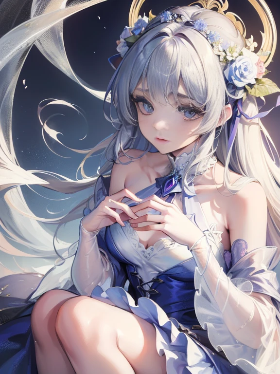 Official art, european masterpiece woman,, pale silver hair , azure eyes, (masterpiece、top-quality、hight resolution: 1.4),in 8K, Anime Art Nouveau, highly detailed exquisite fanart, anime fantasy illustration, clean detailed anime art, detailed anime art, sharp focus of a person, Delicate Beautiful Hair and Eyes and Face, realisitic, ultra-detailliert, Flower Garden,((Delicate, delicate and cute hands)),((elegant shiny dress)),((Lots of races)),((lots of ruffles)),((lots of ribbons))