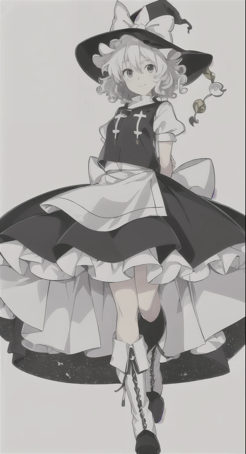 (((simple background,white background))),masterpiece, best quality,extremely detailed CG unity 8k wallpaper,  illustration,(((official art))), (((colorful))),touhou,extremely delicate and beautiful girls,looking at viewer,arms behind back,solo,full body, 1girl,  [Alice Margatroid|Kirisame Marisa],short hair,curly hair,grey eyes,Witch hat ,boots,light smile,white hair