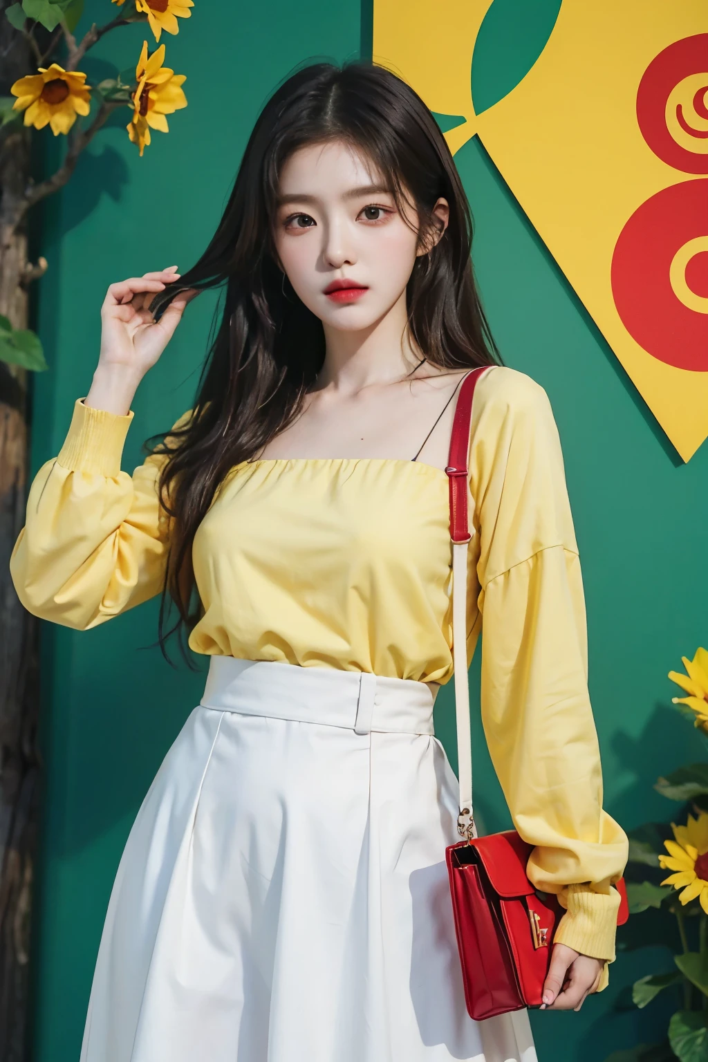 Anime girl wearing trendy Korean fashion and holding a yellow bag, artwork in the style of Guweizu, Guweizu, style art manure, beautiful sunflower anime girl, Art Jereum and A.T. Gailan, Smooth animated CG art, in Art German’s style, High-quality animation artstyle, Art German’s style, goddess of summer