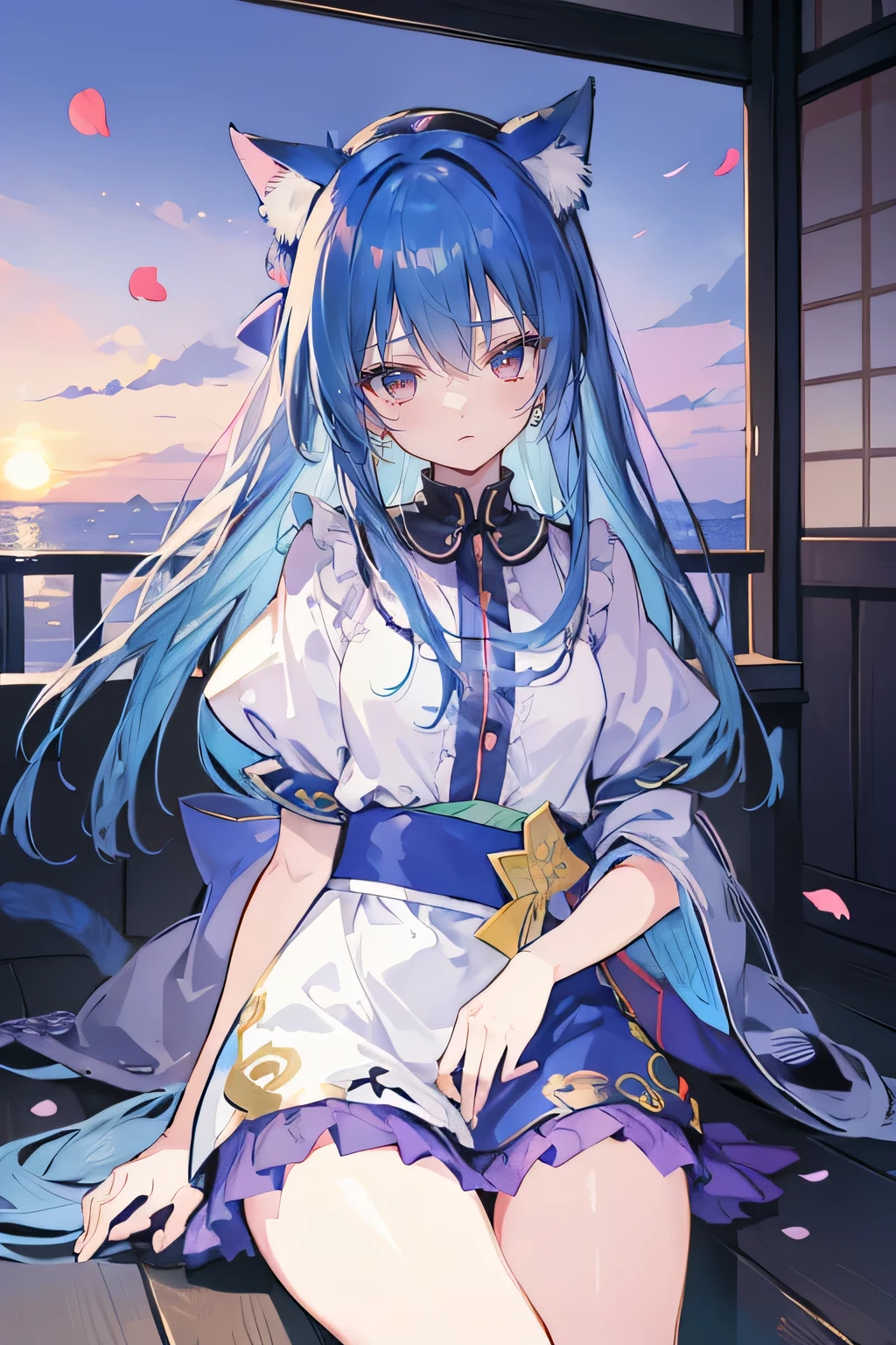 (masterpiece:1.2),Super detailed,Practical,expressive eyes,Fair skin,Perfect face shaping,1 Girl,
Japanese cartoons,Gorgeous blue hair, the long flowing blue hair,Floating clothes,Cat ears,Petals falling,beautiful lola,Young Angel,
Hands on waist,sit elegantly on the ground,Cross your legs,Gentle and peaceful background,Cool and cozy pavilion,Sunset,