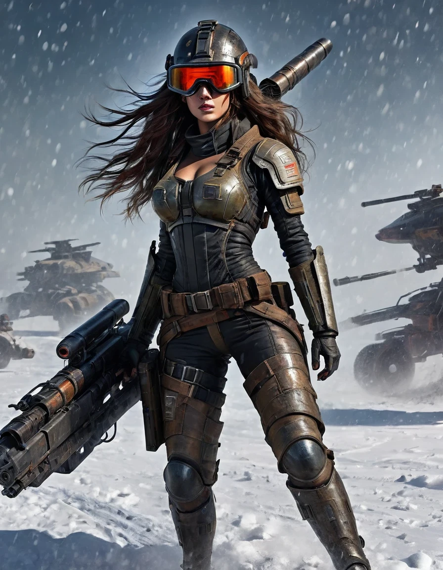 best quality, ultra-detailed, HDR, masterpiece:1.2, wasteland, beautiful warrior holding a rocket launcher, futuristic fantasy, long flowing hair, high-tech helmet, goggles, blood and black oil paint on her face, dirt, wounded, worn-out, tragic, movie still, Siberia, vast wasteland covered in snow, cold night, sci-fi art, in style of Amedeo Modigliani, battle, war, multiple warriors, background: army combat battlefield, numerous brave soldiers.