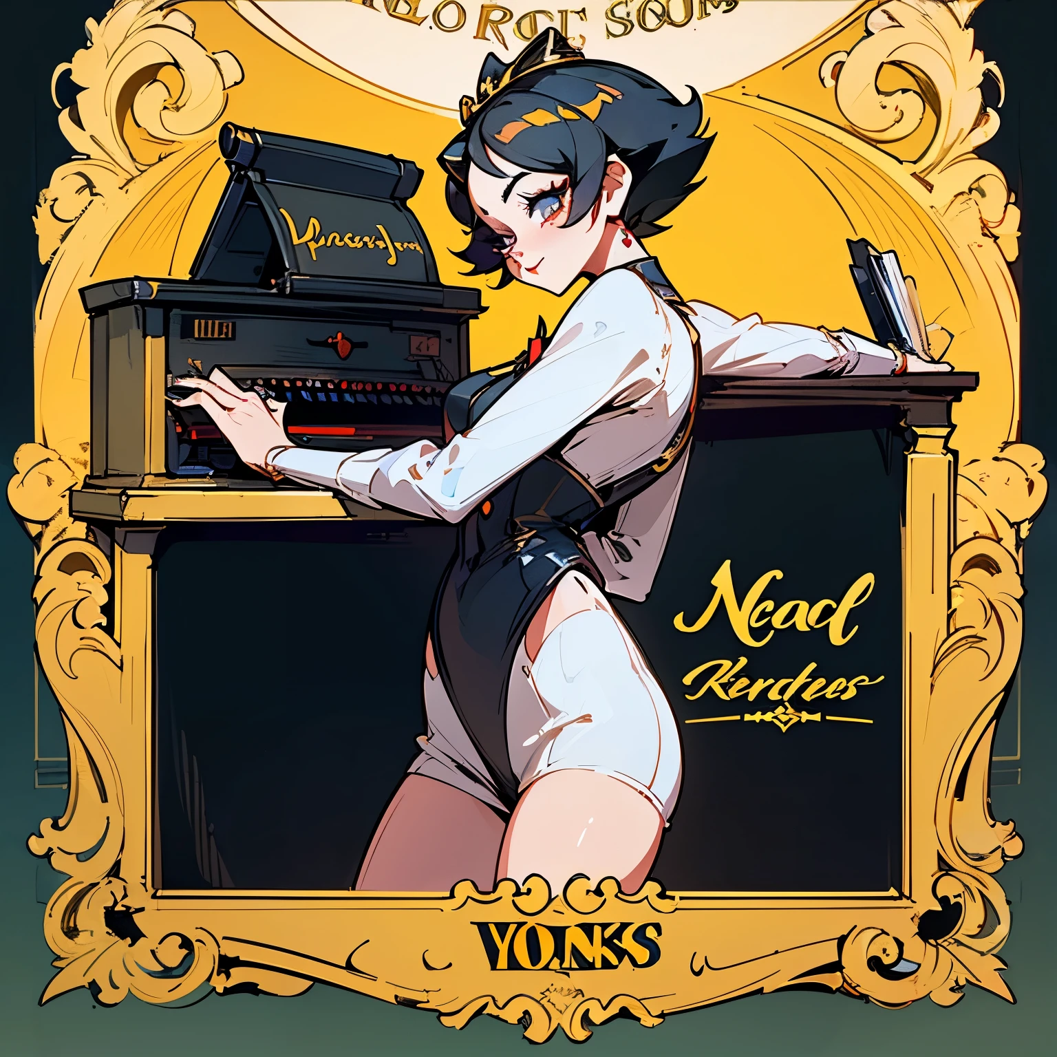 Beautiful,Elegant, Betty Boop, with long hair, is a secretary named "NORELiS" in gold letters. Written will compute this executive dressed typing typewriter in the background of a fancy office there is a nameplate that says ISPOSTEL. Style cartoon, painting, illustration, typography, 3d render