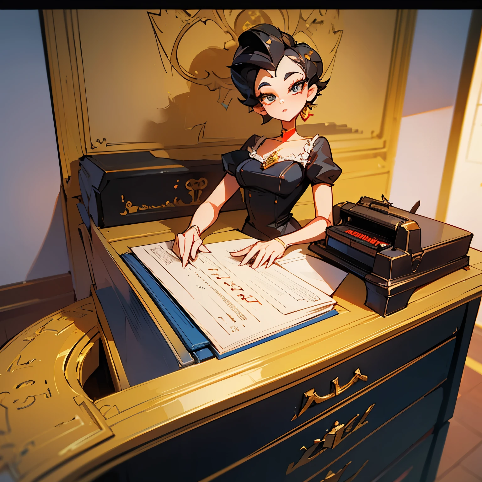 Beautiful,Elegant, Betty Boop, with long hair, is a secretary named "NORELiS" in gold letters. Written will compute this executive dressed typing typewriter in the background of a fancy office there is a nameplate that says ISPOSTEL. Style cartoon, painting, illustration, typography, 3d render