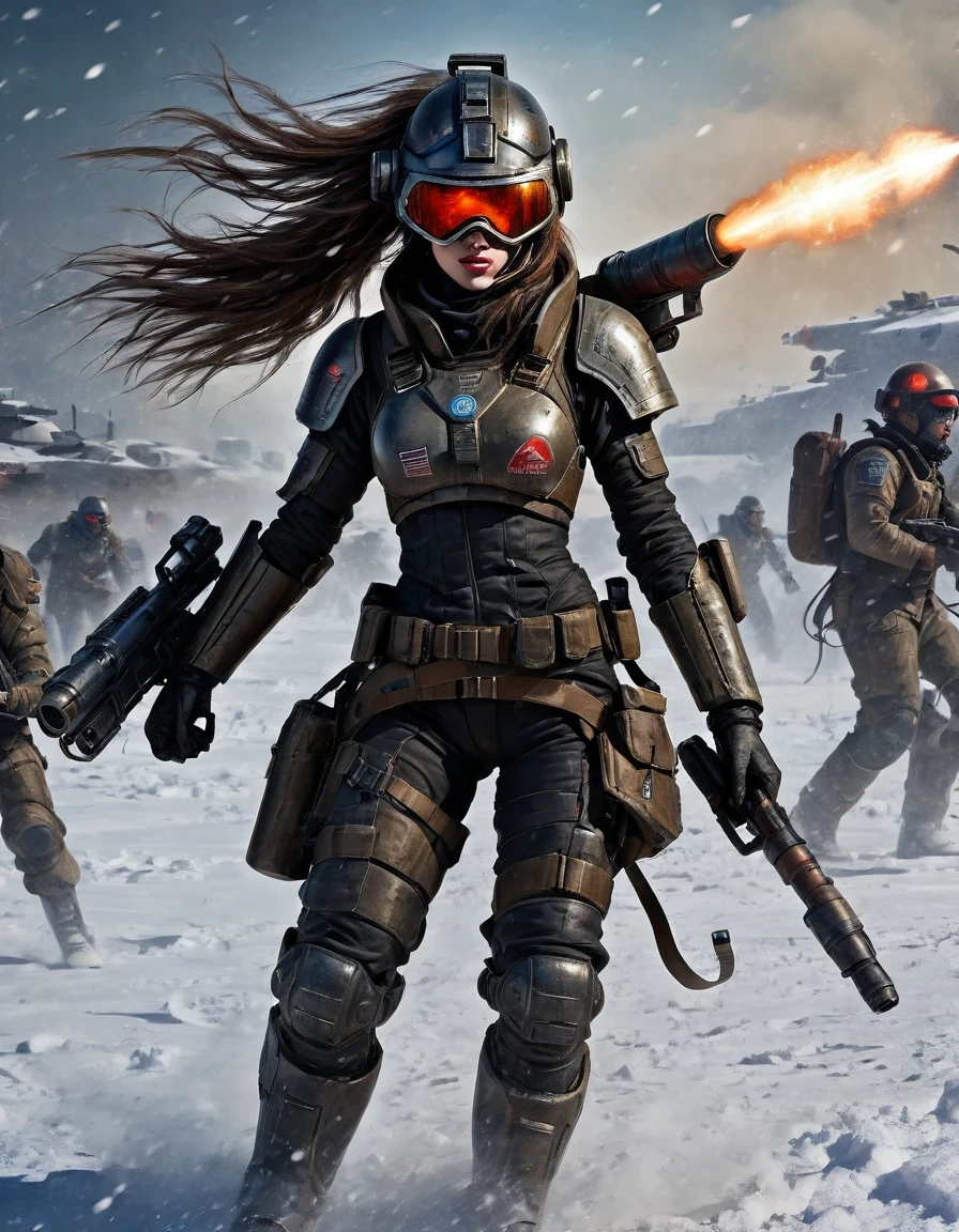 best quality, ultra-detailed, HDR, masterpiece:1.2, wasteland, chinses beautiful warrior holding a rocket launcher, futuristic fantasy, long flowing hair, high-tech helmet, goggles, blood and black oil paint on her face, dirt, wounded, worn-out, tragic, movie still, Siberia, vast wasteland covered in snow, cold night, sci-fi art, in style of Amedeo Modigliani, battle, war, multiple warriors, background: army combat battlefield, numerous brave soldiers.