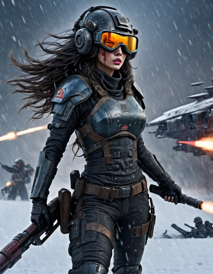 best quality, ultra-detailed, HDR, masterpiece:1.2, wasteland, chinses beautiful warrior holding a rocket launcher, futuristic fantasy, long flowing hair, high-tech helmet, goggles, blood and black oil paint on her face, dirt, wounded, worn-out, tragic, movie still, Siberia, vast wasteland covered in snow, cold night, sci-fi art, in style of Amedeo Modigliani, battle, war, multiple warriors, background: army combat battlefield, numerous brave soldiers.