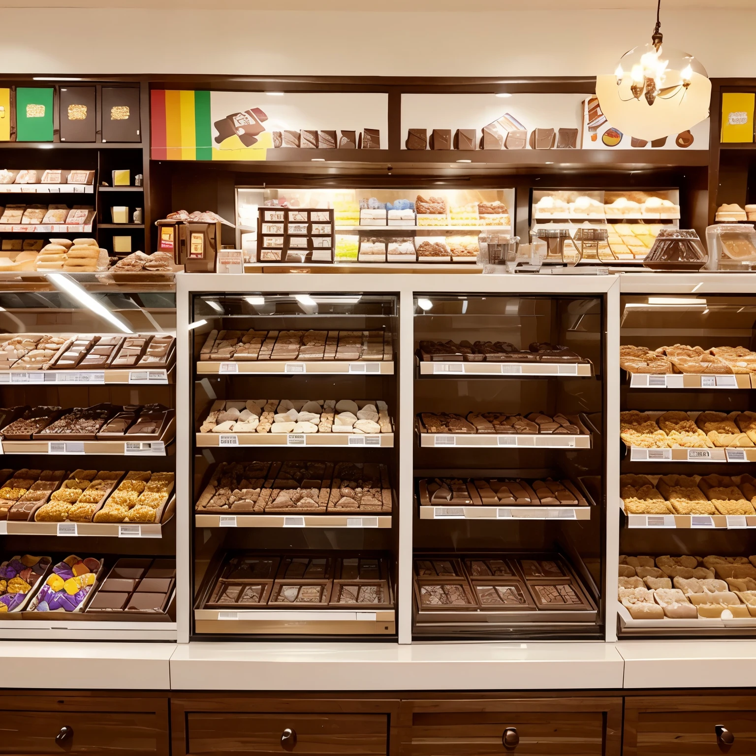 A store in which there are chocolates like M&M's , toblerone , Ferrero rocher and marshmallows for a sale at a bakery 