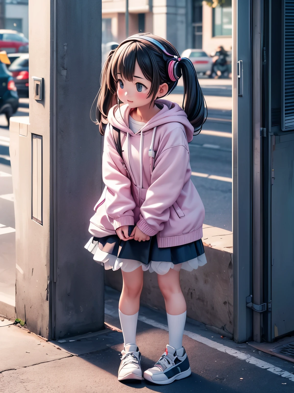 (masterpiece、highest quality、highest quality、Official Art、Beautiful and beautiful:1.2)、(One girl:1.3)Hatsune Miku、Twin tails,Big Breasts,sonyのheadphoneを着用している:1.5、headphone、One Girl、Magical girl、Perfect Anatomy、Small face、Fuller lips、Brown Hair、Characteristic hairstyle、look of suspicion、Modern hoodies、Knee socks、(((Blurred Background、Street Corner、Everyday Scenes)))、highest quality、High resolution、High resolution、Cinema Lighting、Professional Photographer